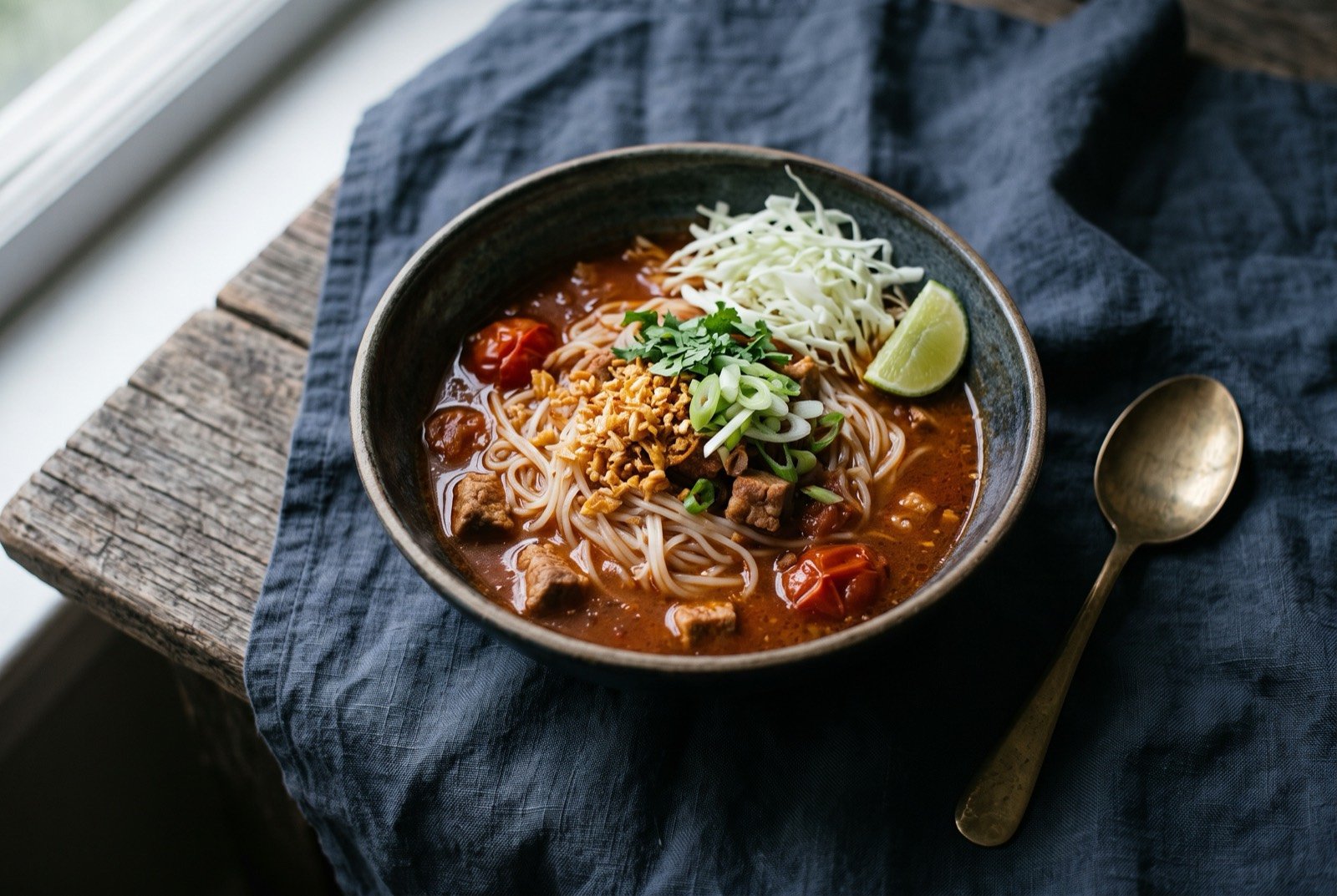Shan noodles, a tomato and pork broth from the Shan hills, soured by long reduction rather than lime: a bowl of rice noodles in a thin, rust red tomato and pork broth, small cubes of pork and burst cherry tomato skins visible in the liquid.
