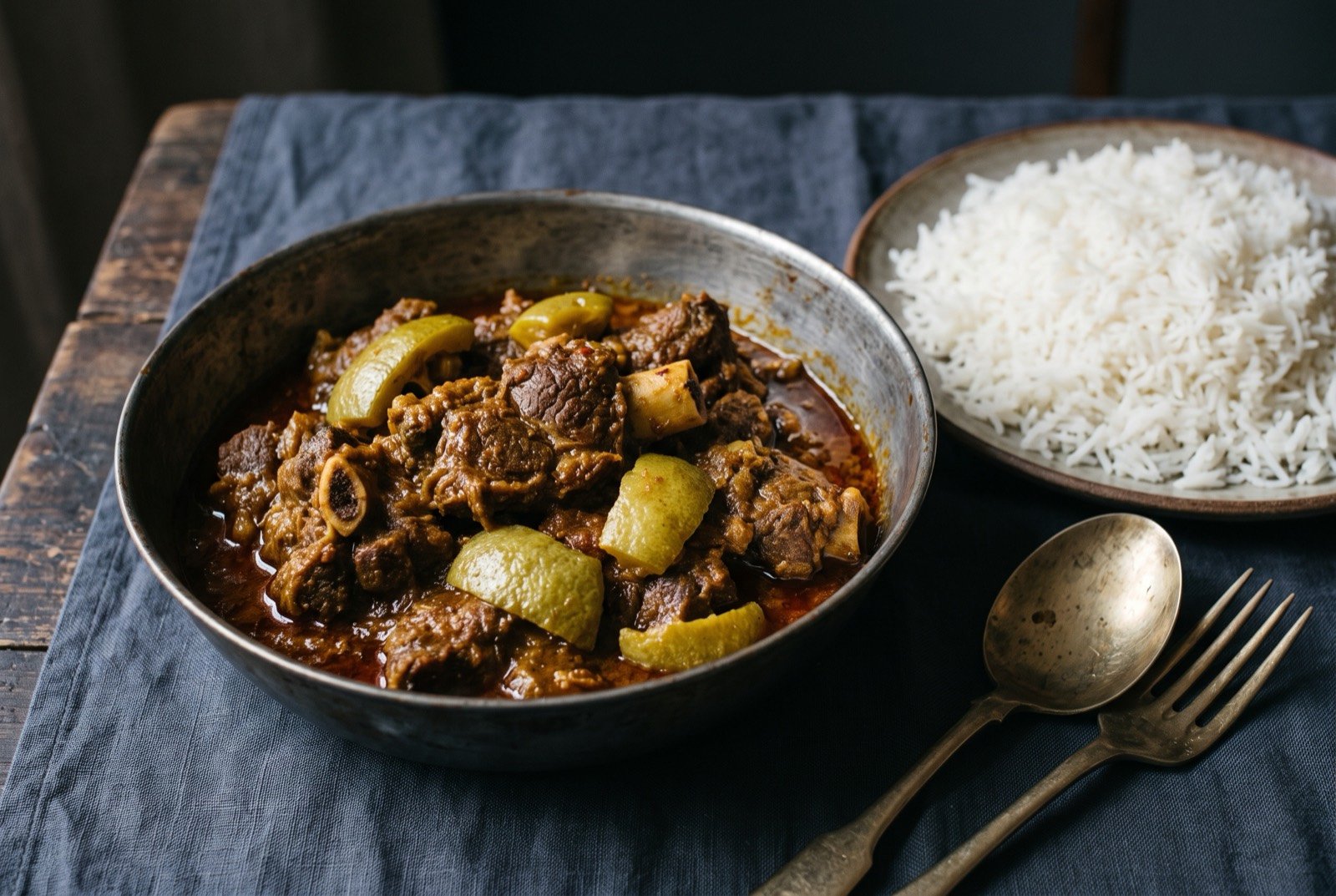 Shatkora beef, beef simmered with a bitter native citrus: bone-in beef pieces in a thick, reddish brown sauce, a few pale green irregular pieces of shatkora rind visible among the meat.