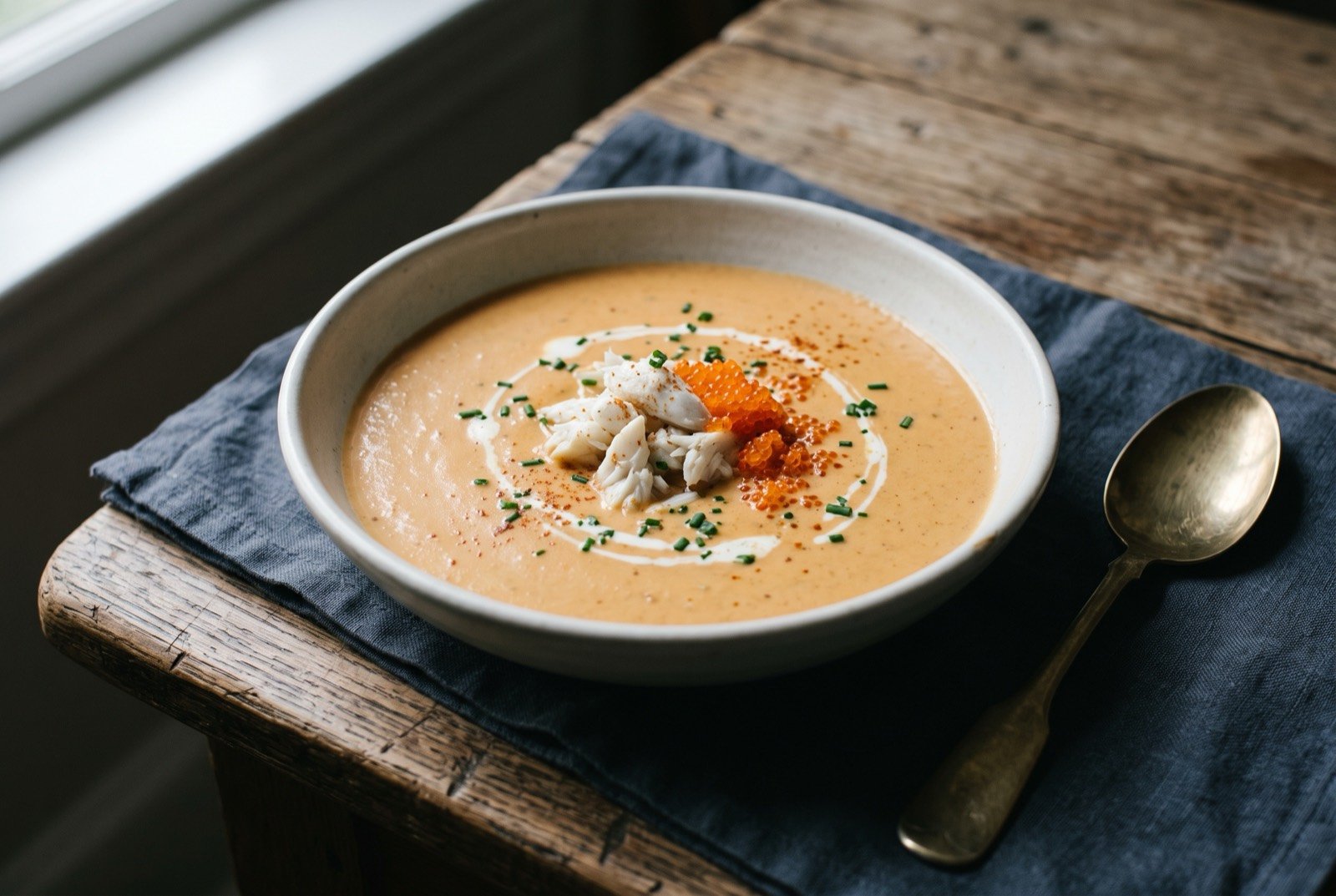 She-crab soup, a pale orange bisque finished with crab roe: a shallow white bowl of smooth, pale burnt orange bisque, a small mound of white crab meat and a scatter of bright orange roe resting just above the surface.
