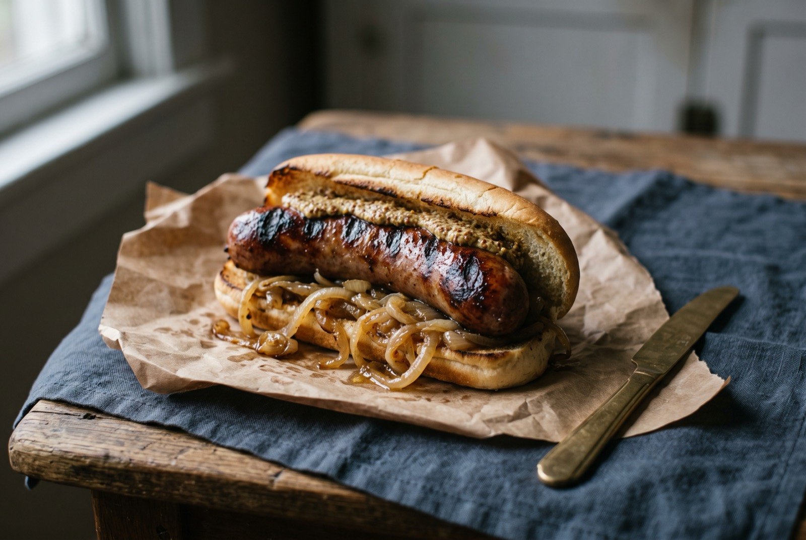 Sheboygan beer bratwurst, brats simmered in beer and onions then grilled: a plump, deeply browned bratwurst in a soft bun, a tangle of golden beer-braised onions spilling from underneath, a smear of mustard along the top.