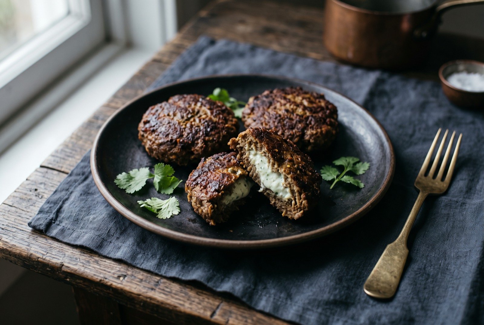 Shikampuri kebab, spiced minced mutton wrapped around a cool yoghurt and mint filling: three flat round kebabs on a dark plate, deeply browned and slightly crisp at the edges, one kebab broken in half to reveal a pale.