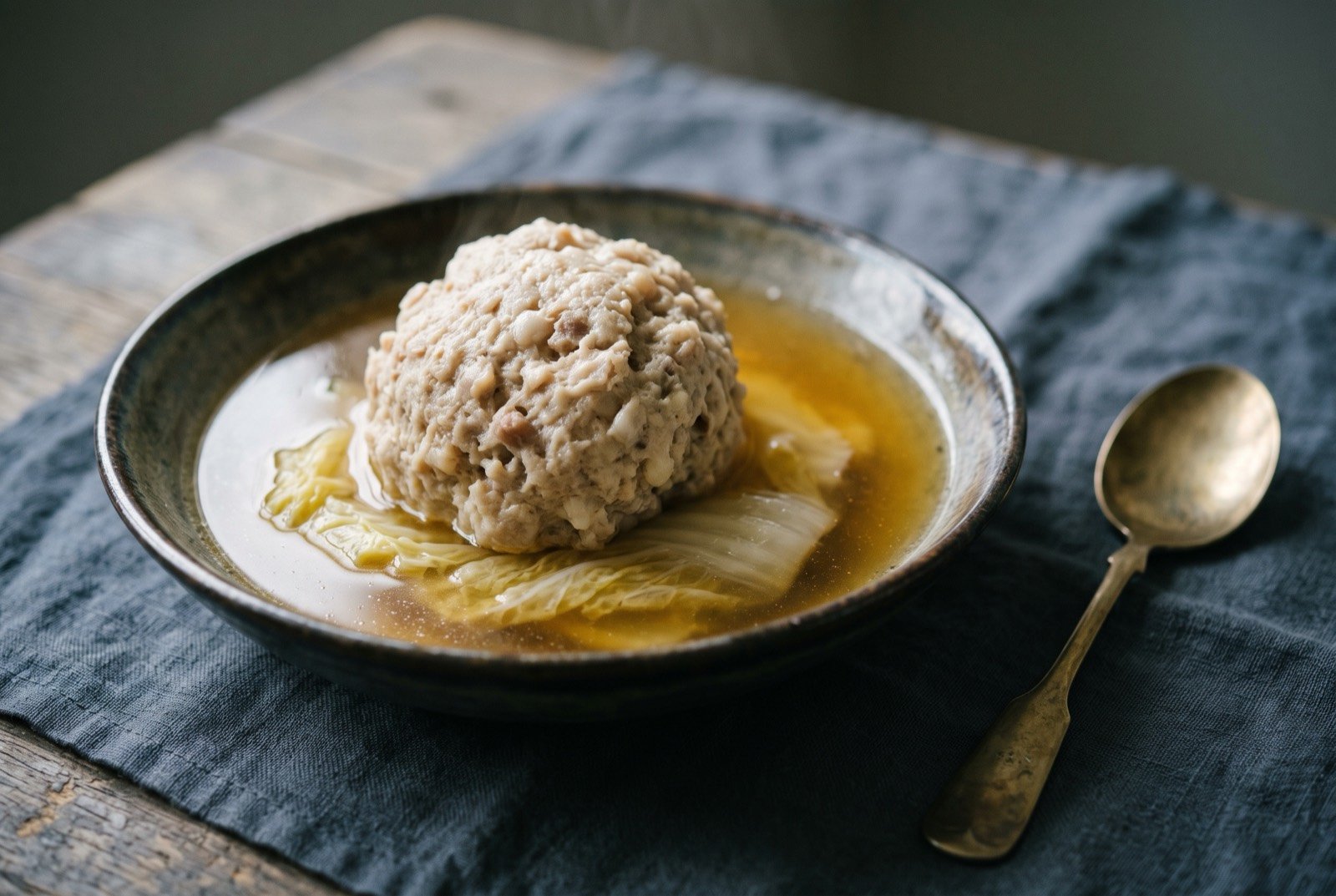 Shizitou, lion's head meatballs clear-braised until barely holding together: a single large, loosely packed pale meatball resting in a shallow pool of clear golden broth, its coarse hand-diced texture visible at the surface rather than a smooth ground finish.