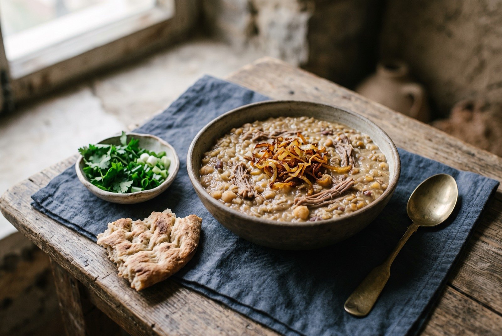Sholeh mashhadi, a slow cooked lamb and four bean porridge spiced with cinnamon and ginger: a wide bowl of thick, coarse porridge in a warm brown, beans and shredded lamb broken down into a soft spoonable mass, a scatter of crisp fried onion piled on top.