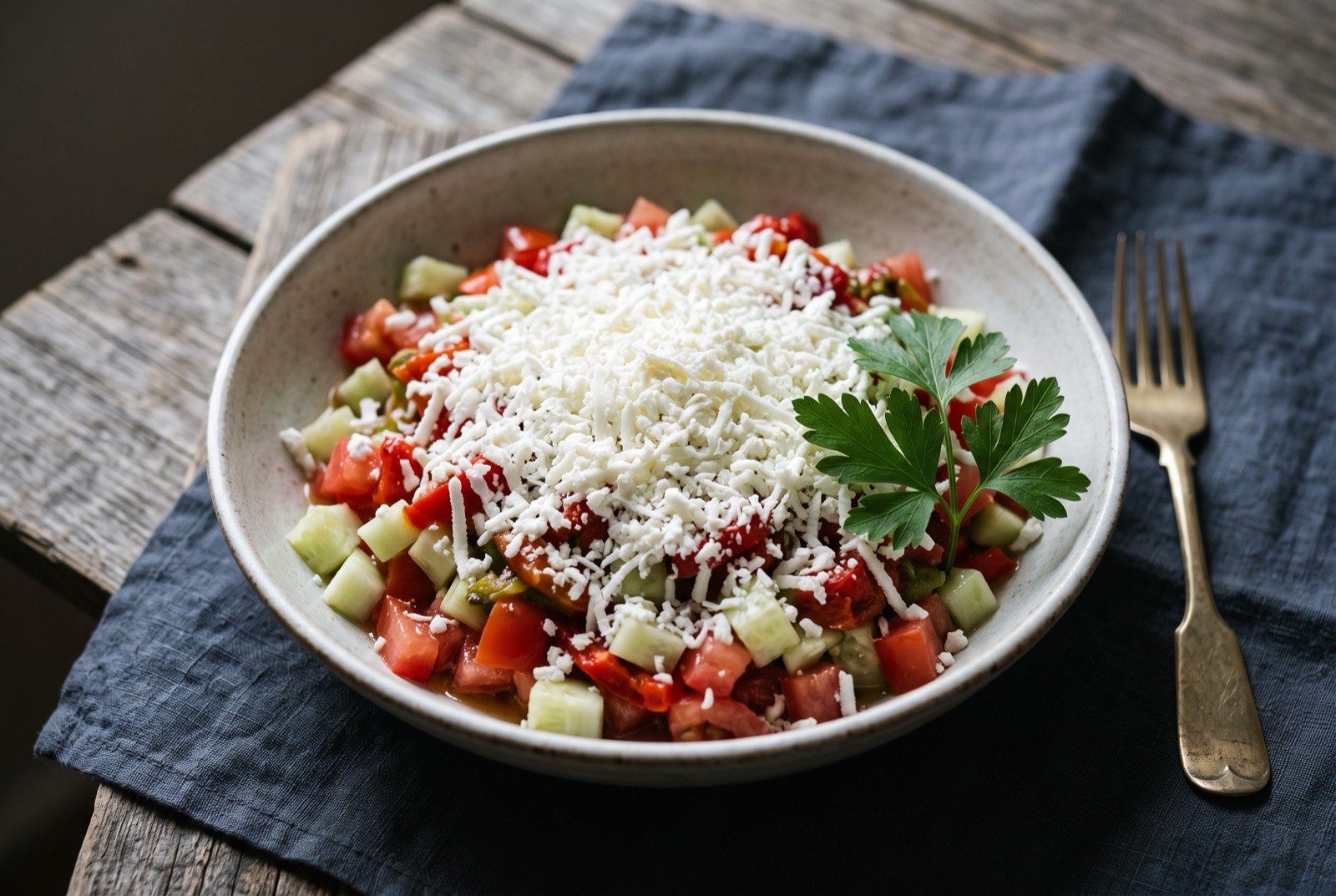 Shopska salad, a Bulgarian chopped tomato, cucumber and pepper salad topped with grated white cheese: a wide shallow bowl of finely diced red tomato, pale green cucumber and roasted red pepper glistening with oil, a generous even snow of finely grated white brined cheese covering the top.