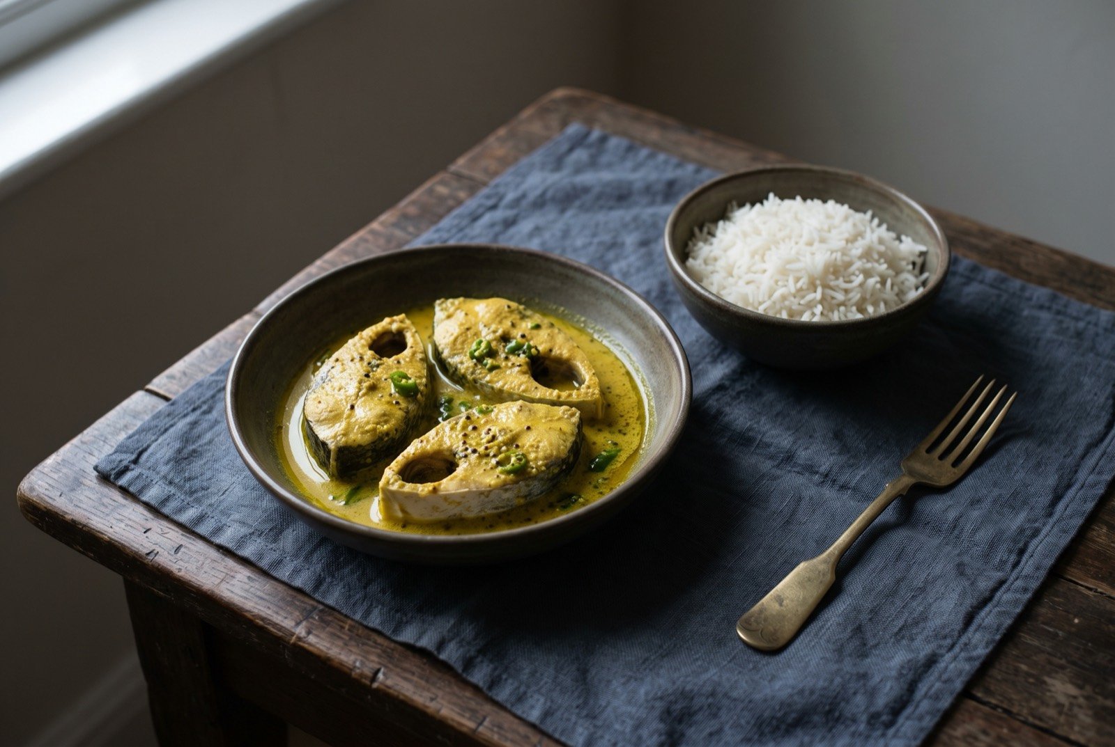Shorshe ilish, hilsa simmered in mustard paste: pale silvery-skinned pieces of hilsa fish resting in a thin, glossy, mustard yellow sauce flecked with green chilli, a shallow pool of pale golden mustard oil visible at the sauce's edge.