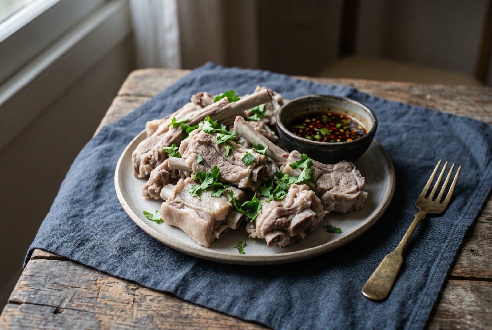 Shouzhua yangrou, hand-grabbed lamb: large bone-in chunks of pale boiled lamb piled on a plate, the meat plain and unsauced, a small dish of salt and chilli powder resting beside it.