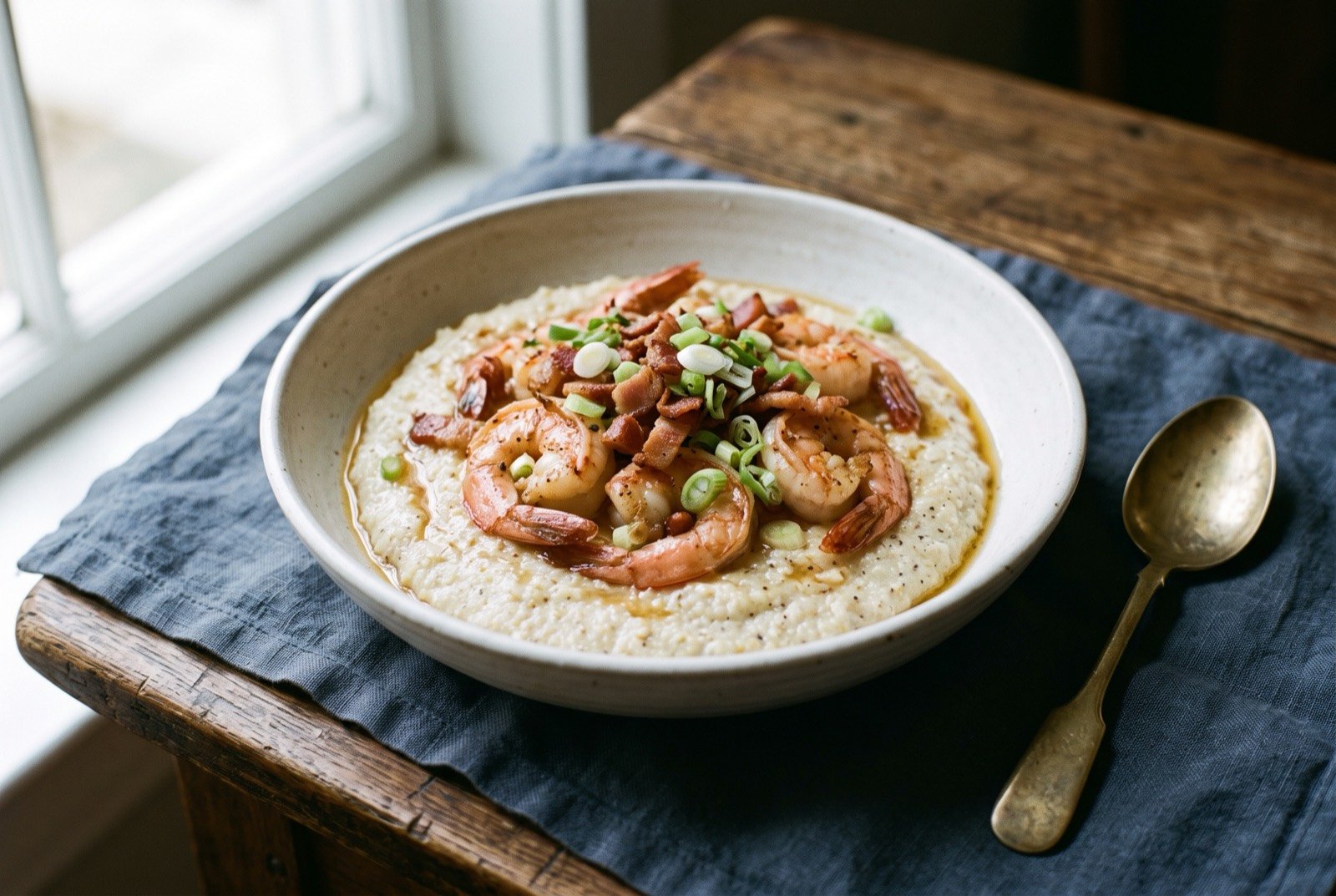 Shrimp and grits, Lowcountry shrimp over stone ground grits: a wide white bowl of pale creamy grits with a slightly rough, stone ground texture, several pink shrimp arranged across the surface.