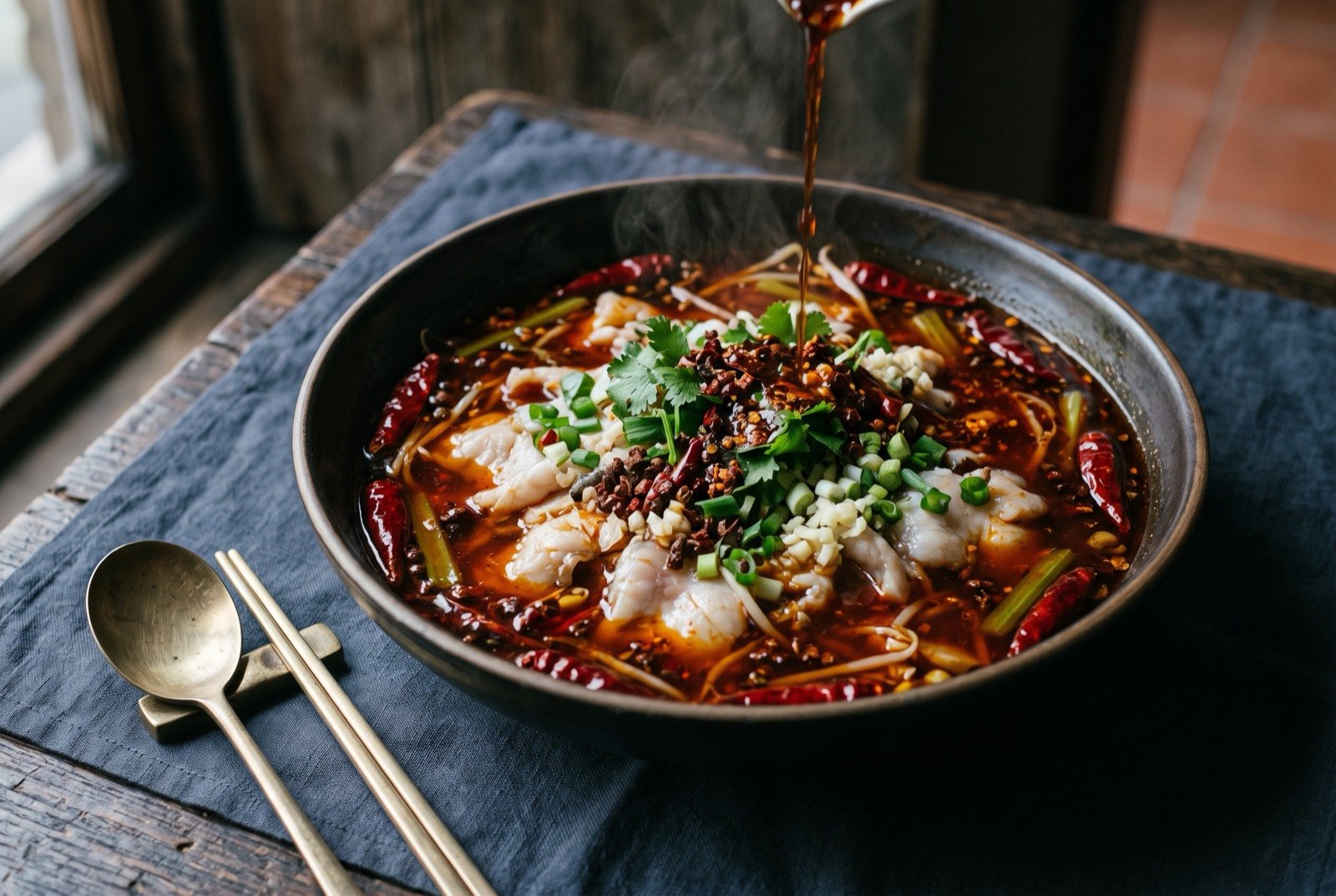 Shuizhuyu, water-boiled fish slices under a pour of hot chilli oil: pale, delicate fish slices submerged in a shallow pool of deep red chilli oil studded with whole dried chillies and Sichuan peppercorns.