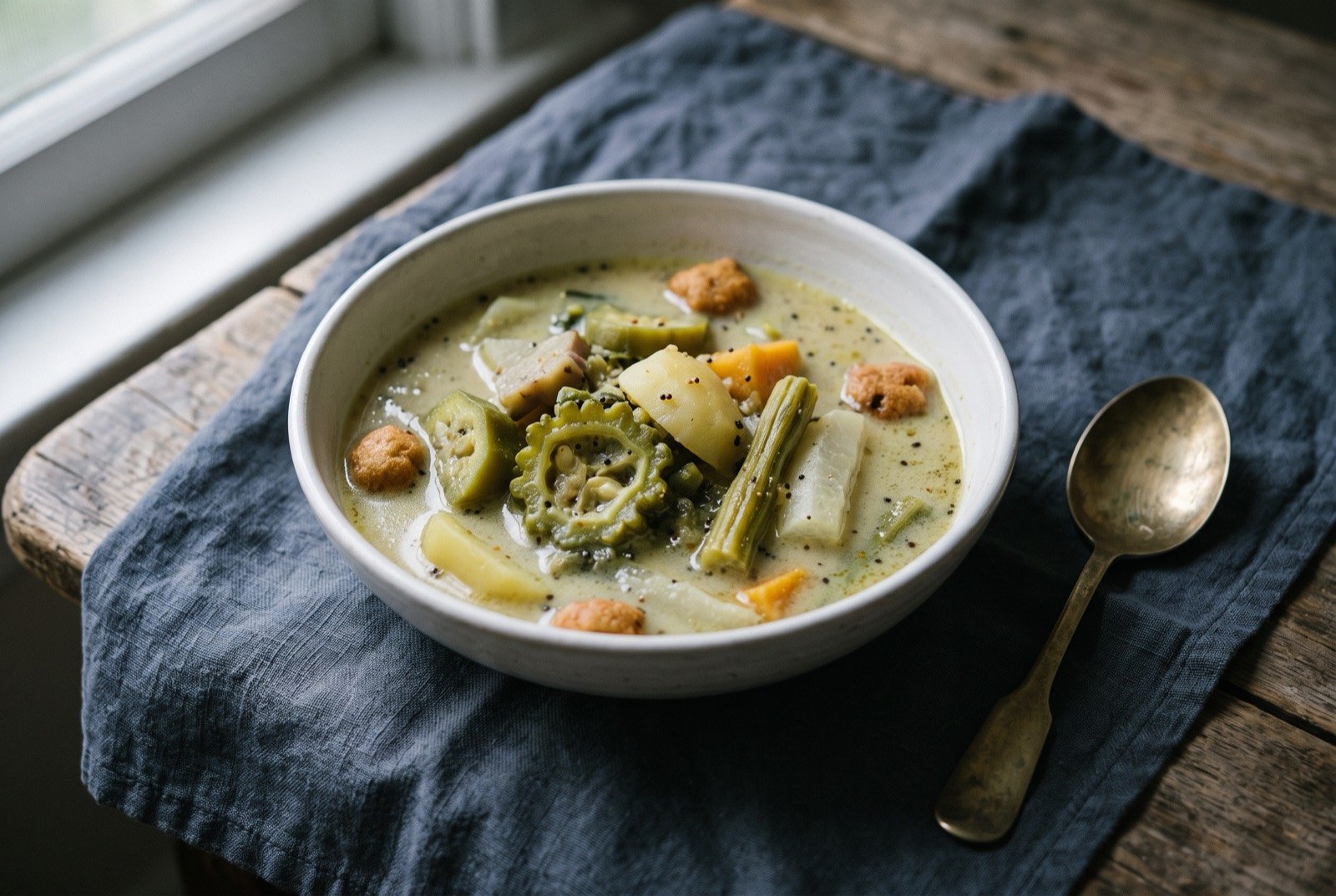 Shukto, a bitter mixed vegetable dish that opens a Bengali meal: pale, softly cooked vegetable pieces, bitter gourd, drumstick, potato and plantain, in a thin, pale mustard-flecked broth.