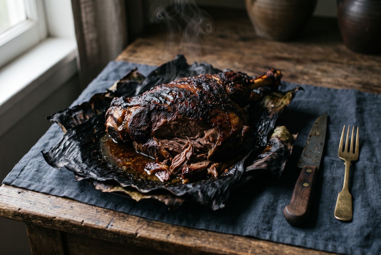 Shuwa, banana-leaf-wrapped pit-roasted lamb: a whole lamb shoulder, dark mahogany-crusted and falling apart, resting on a torn-open charred banana leaf, its own juices pooling beneath it.