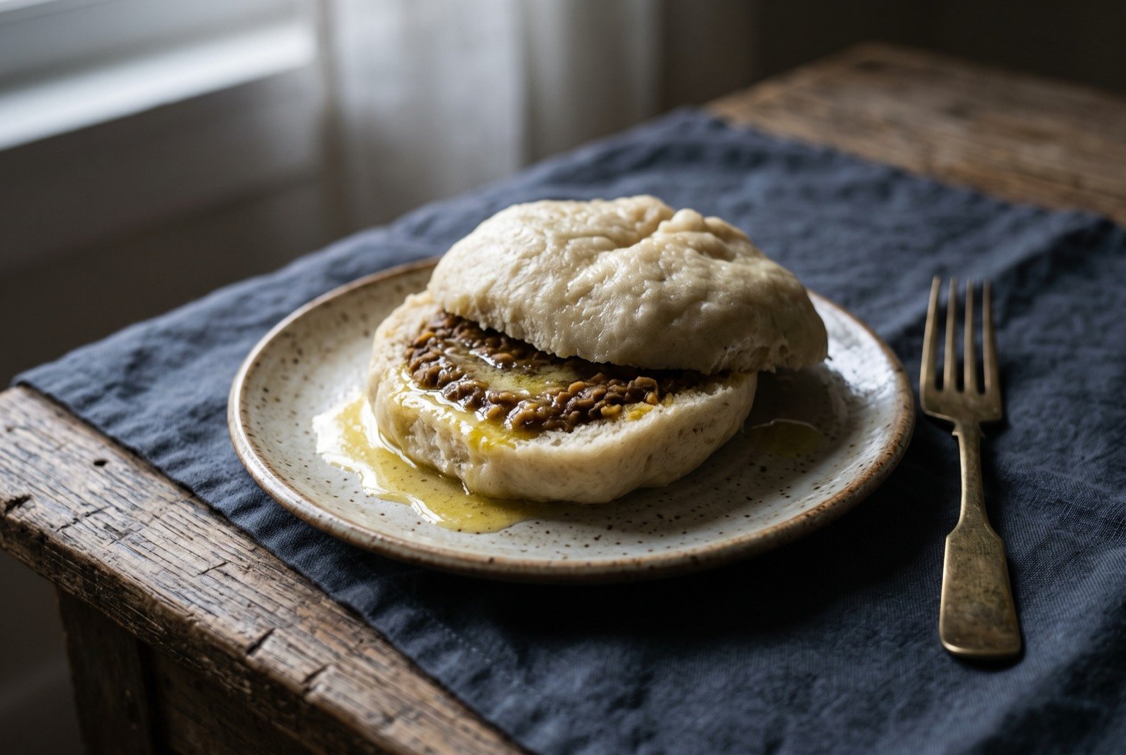 Siddu, a steamed stuffed wheat bread: a round pale steamed wheat bun, cut in half to reveal a dense walnut and poppy seed filling inside, a small pool of melted ghee poured over the top.