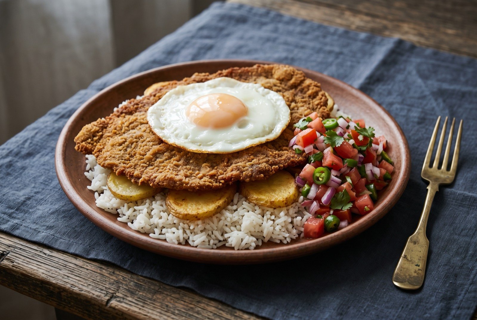 Silpancho, a pounded beef escalope over rice and potato: a wide plate layered with white rice, sliced fried potato, a large thin breaded beef escalope spreading past the plate's own rim.