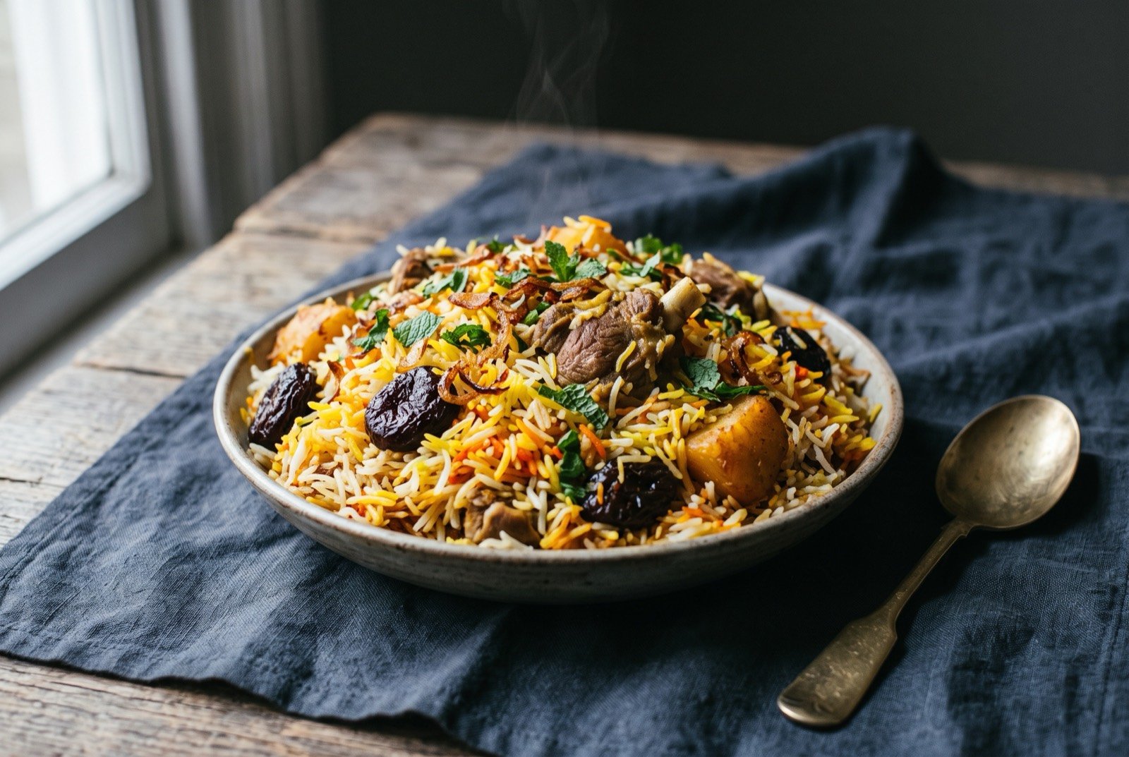 Sindhi biryani, tart layered rice with meat and dried plum: a mound of vivid orange-red layered basmati rice studded with bone-in meat pieces, a few whole dried plums and fried onion visible on top.
