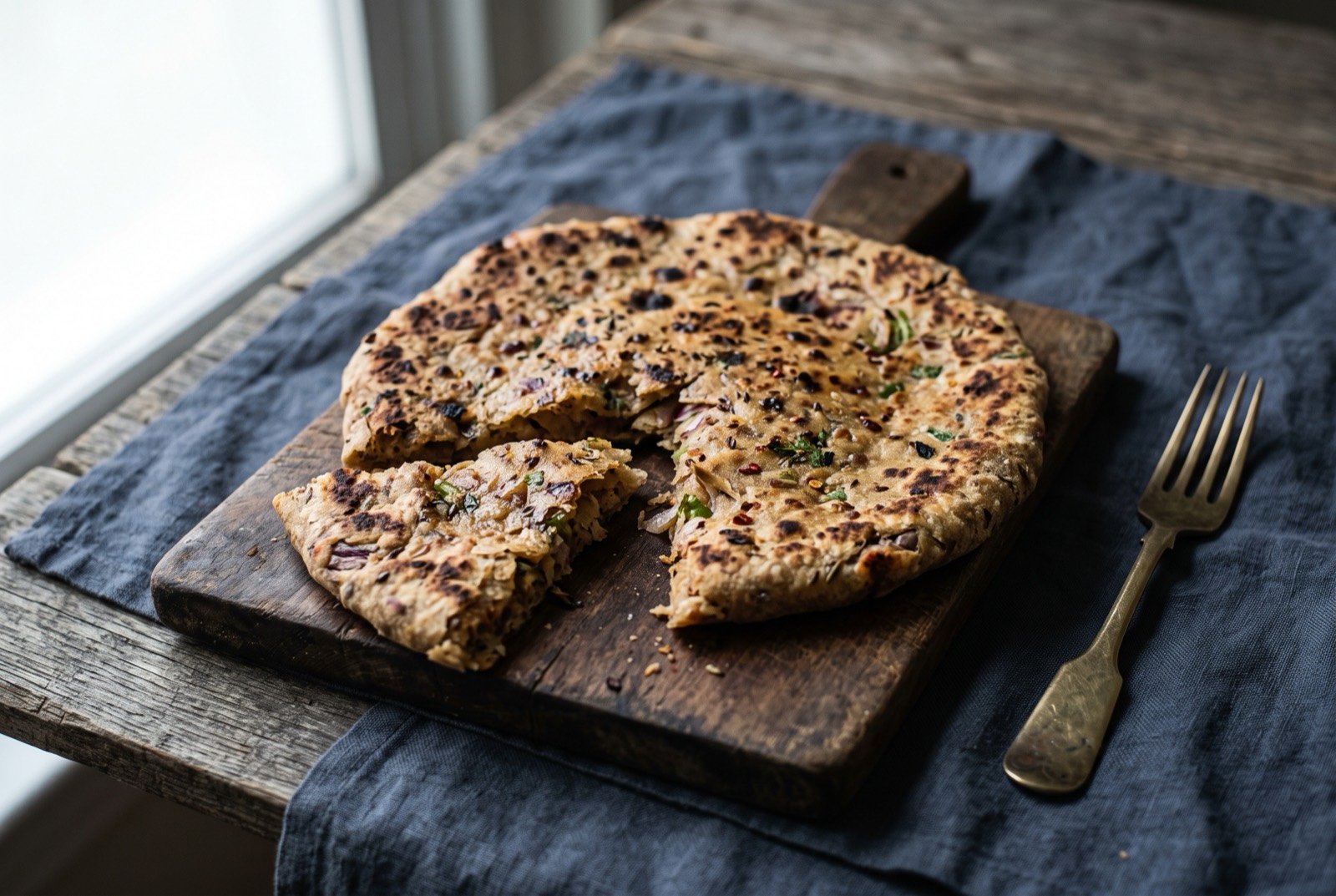 Sindhi koki, a thick spiced onion and chilli flatbread: a thick round griddle-baked flatbread with a deeply speckled golden-brown surface, visible flecks of chopped onion and dried chilli pressed through the dough.