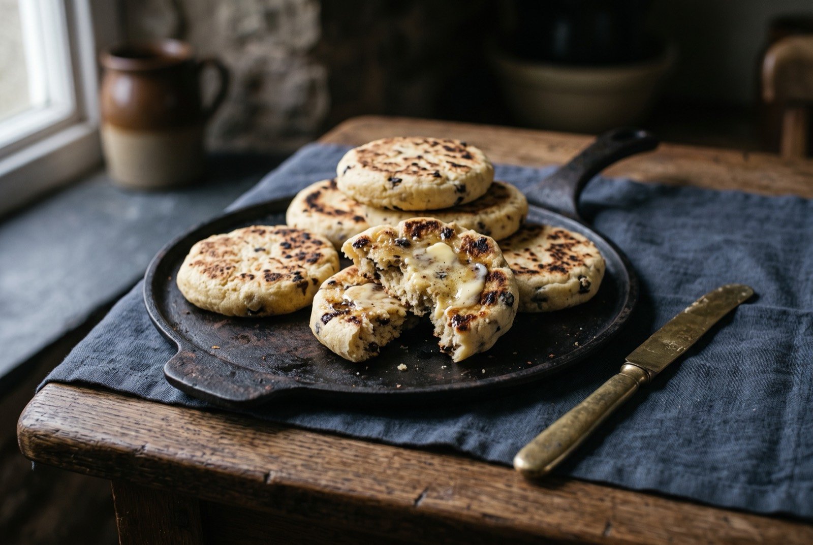 Singin' hinnies, Northumberland griddle cakes: several small round griddle cakes with a pale golden surface marked by dark scorched flecks from the bakestone, split open and thickly buttered.