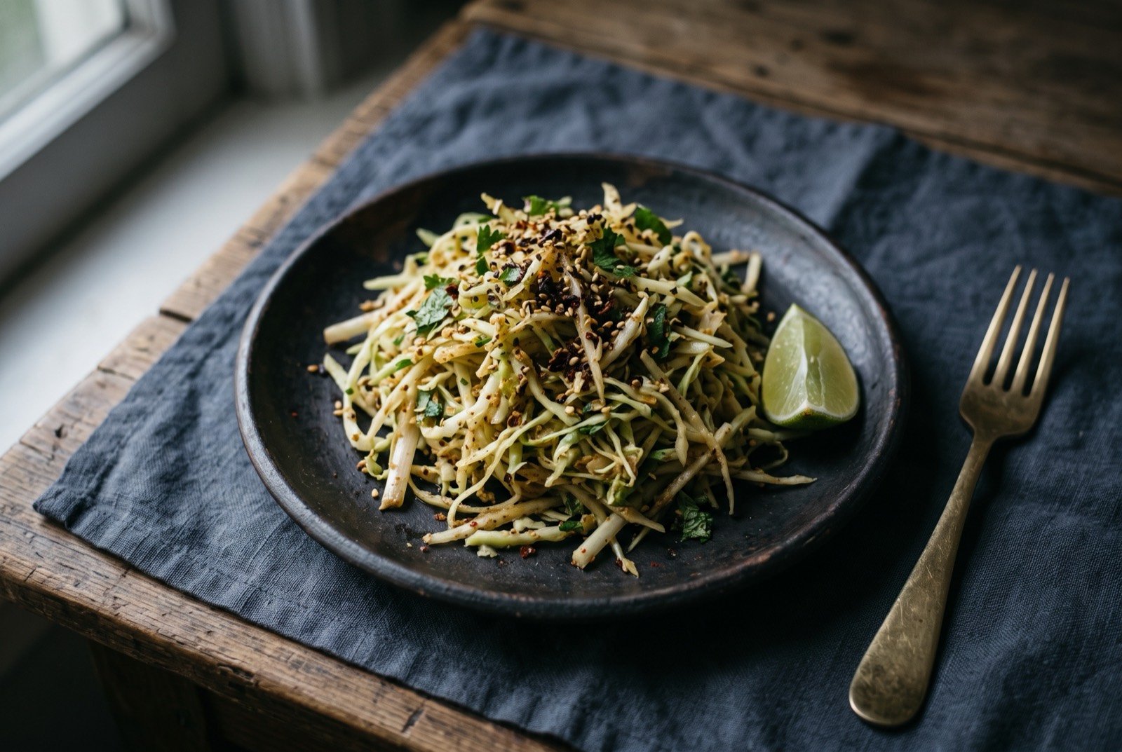 Singju, a Manipuri raw vegetable salad: a loose tangle of thinly shredded raw vegetables and banana blossom tossed together, a few dried fish flakes and roasted chickpea powder scattered through it.