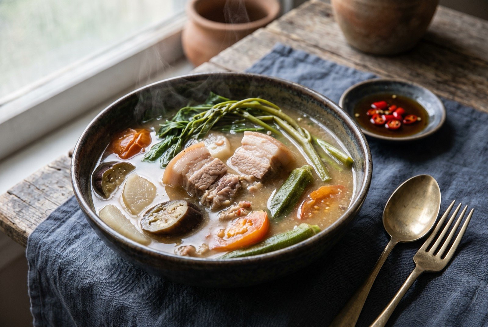 Sinigang na baboy, pork belly and vegetables in a sour tamarind broth: a deep bowl of pale golden brown sour broth, chunks of pork belly submerged among sliced daikon, eggplant, okra and wedges of tomato.