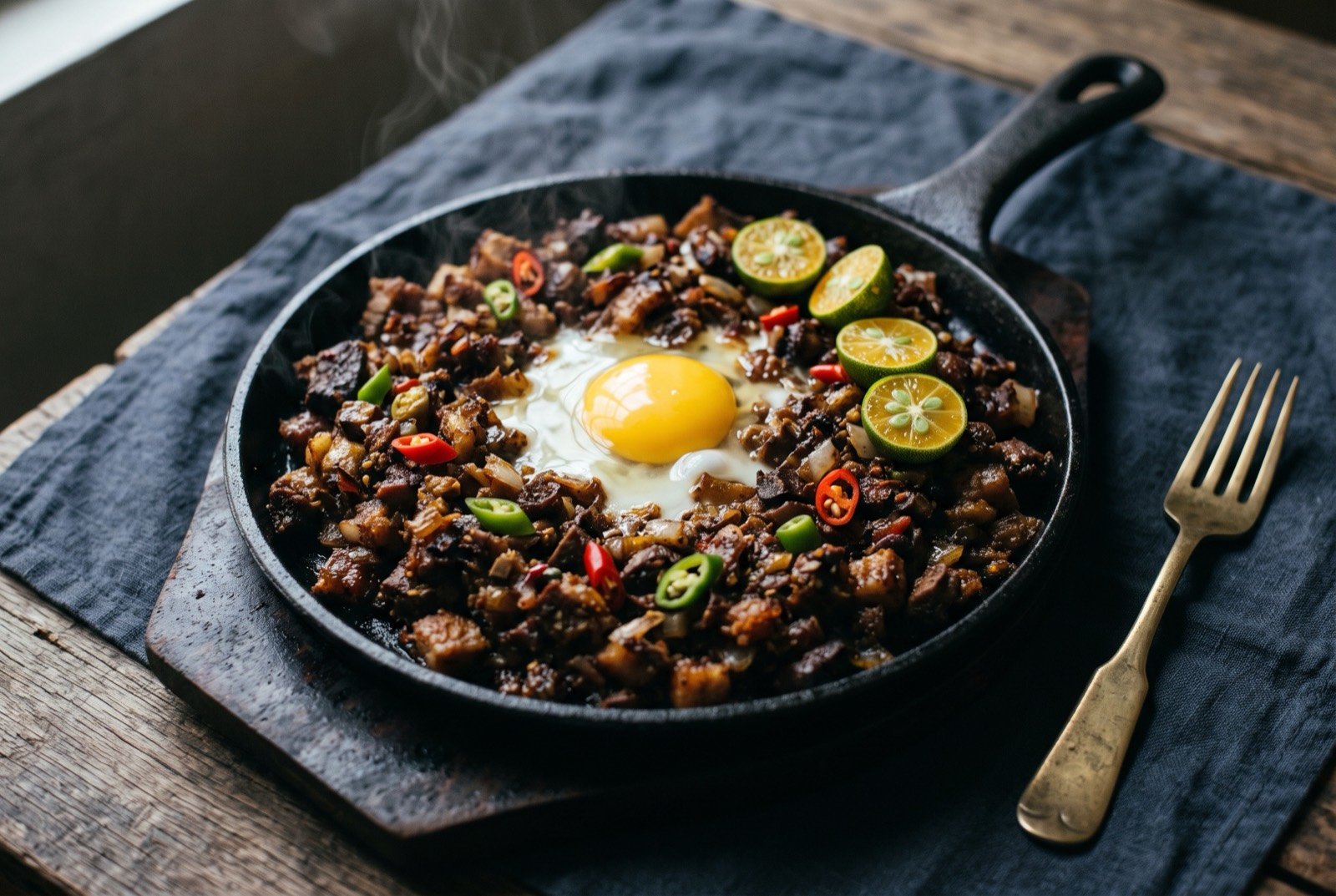 Sisig, chopped pork face and ear grilled and fried, served sizzling with calamansi and a raw egg: a heavy dark cast iron sizzling plate piled with finely chopped, deeply browned pork, a raw egg cracked whole on top just beginning to set from the plate's heat.