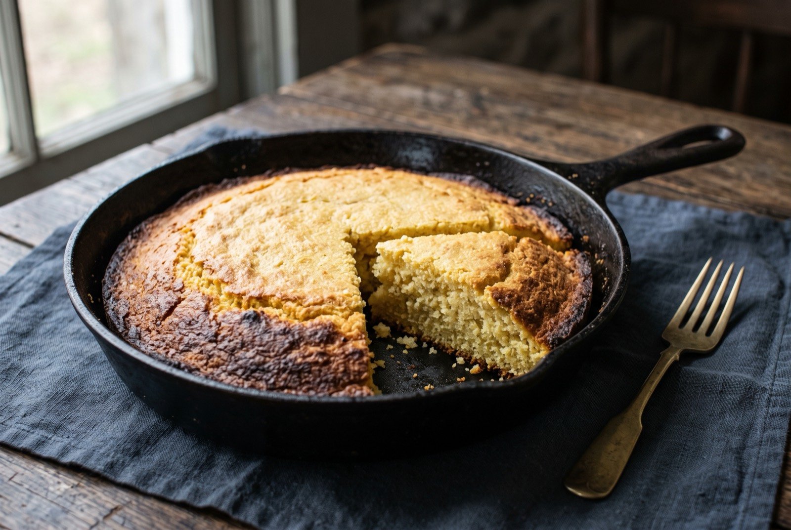 Skillet cornbread, baked in a smoking hot cast iron pan: a whole round of golden yellow cornbread with a deeply browned, almost blackened crust on the base and sides, sitting in a black cast iron skillet.
