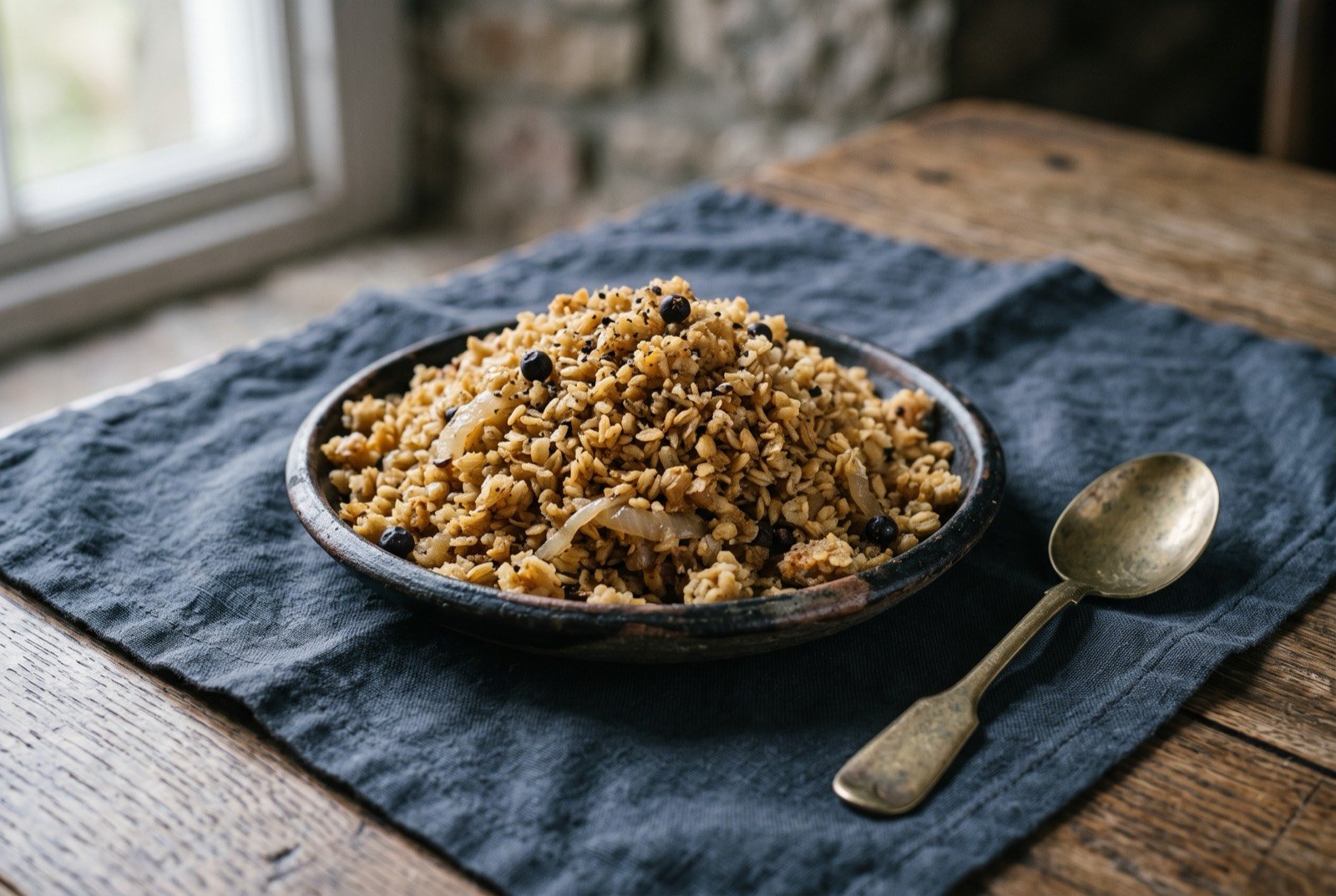 Skirlie, fried oatmeal and onion: a small rustic dish heaped with loose, toasted golden brown oatmeal flecked with soft translucent onion, a rough dry crumbly texture throughout.