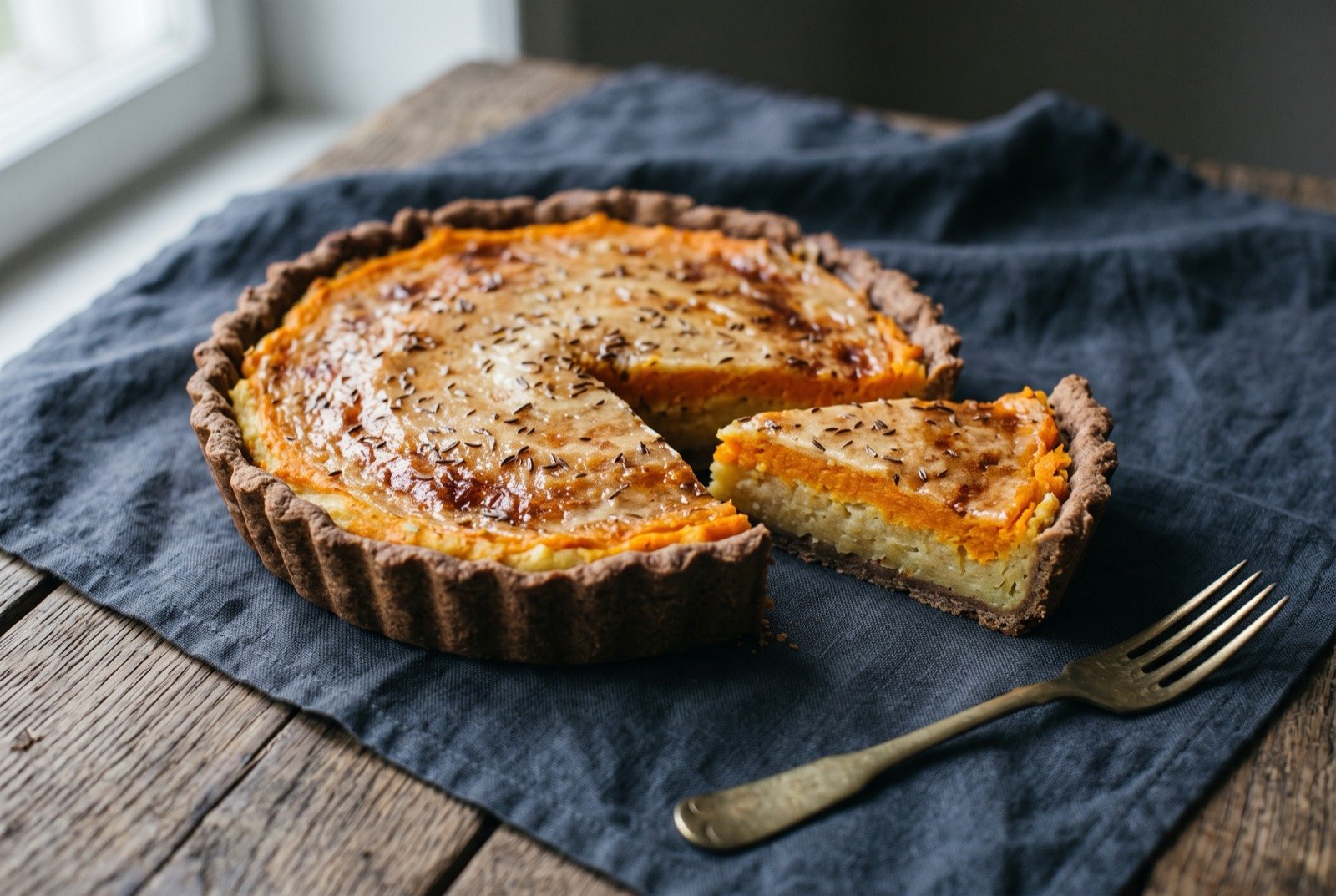 Sklandrausis, an unleavened rye tart layered with mashed potato and carrot: a round tart with a dark, faintly rustic rye crust visible at its crimped edge, one wedge cut away to show a pale golden mashed potato layer beneath a vivid orange mashed carrot layer.