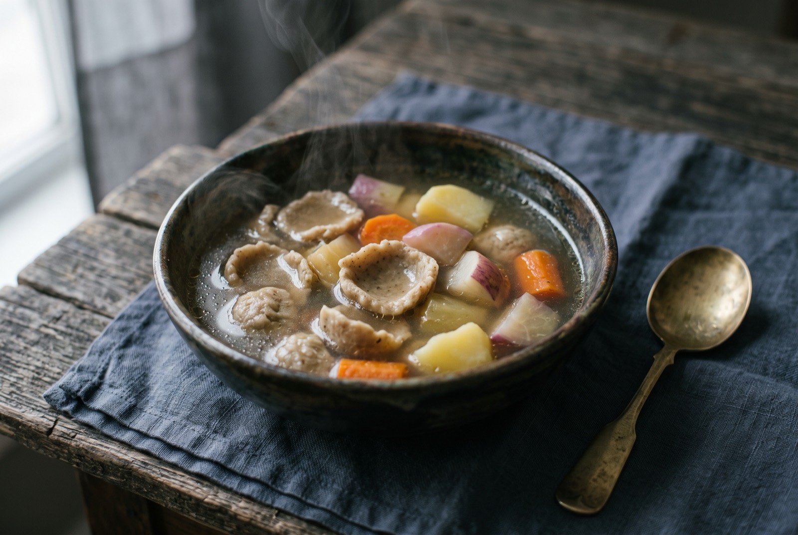 Skyu, hand-pinched dough pieces simmered with root vegetables: a rustic bowl of clear vegetable broth, small thumb-pinched cup-shaped dough pieces and chunks of carrot, turnip and potato visible beneath the surface.