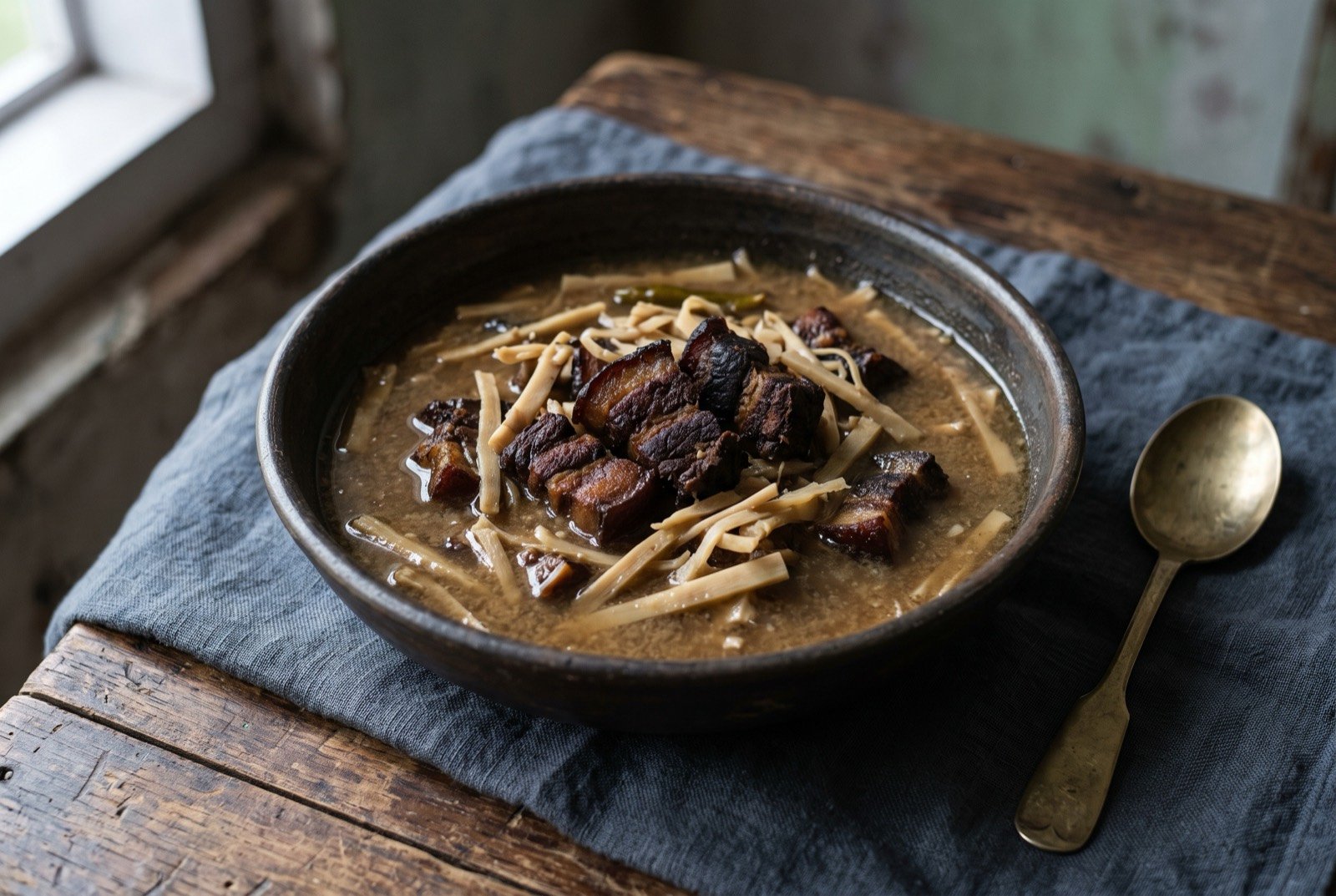 Smoked pork with fermented bamboo shoot, a Naga signature: dark, deeply smoked pork belly cubes in a thin brown stew studded with pale strips of fermented bamboo shoot, the broth cloudy rather than clear.