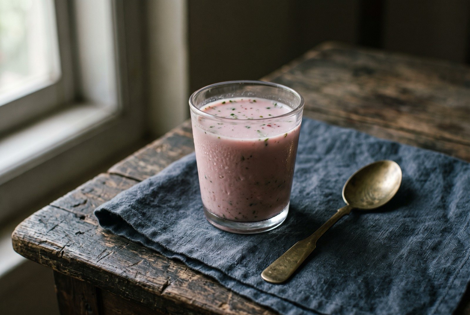 Sol kadhi, a kokum and coconut milk drink: a small bowl of pale, opaque pink liquid, the surface perfectly smooth, a few flecks of coriander resting on top.