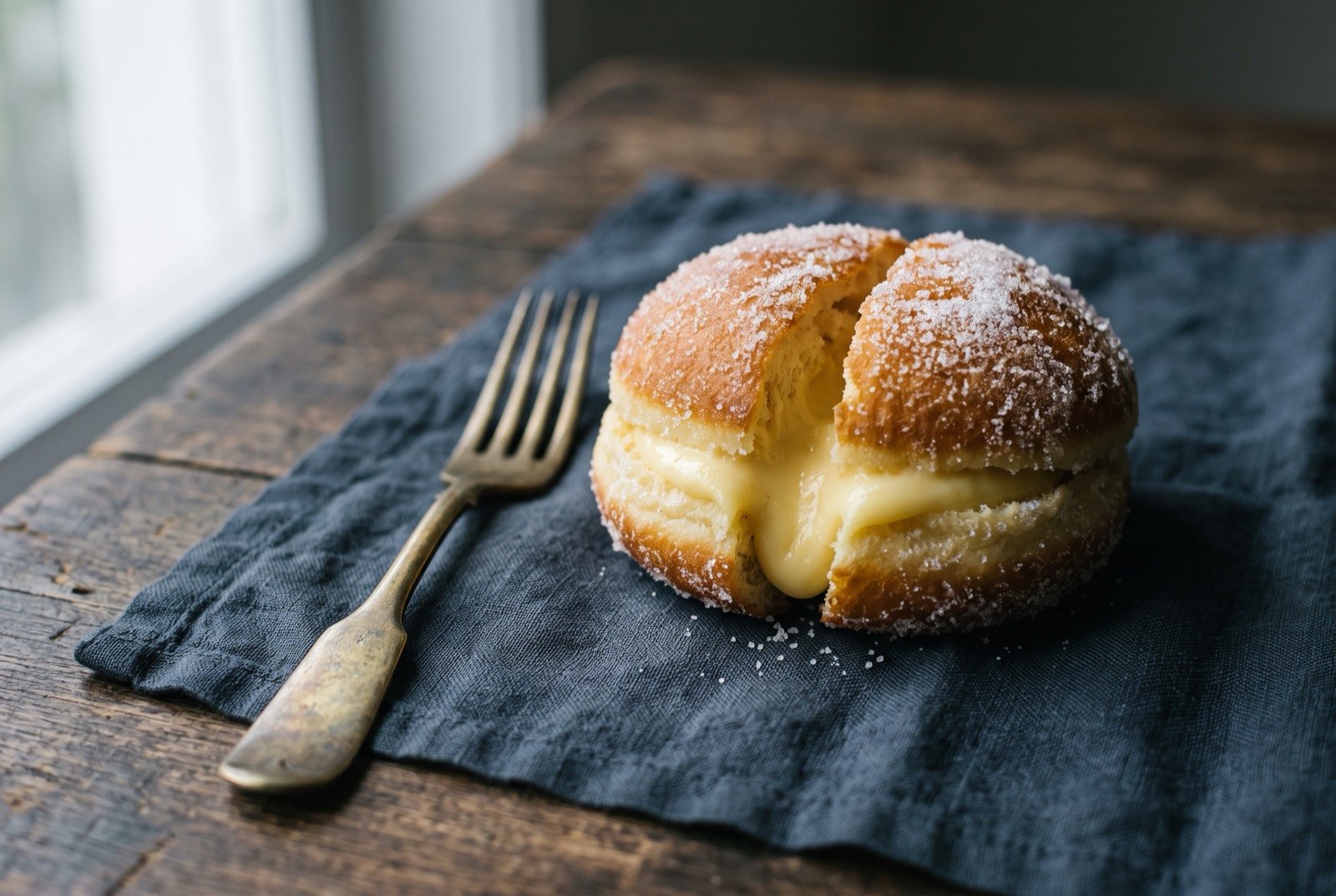 Sonho, a Portuguese-descended fried custard dough: a round golden brown fried dough bun heavily coated in white caster sugar, split open and slightly pulled apart to show a thick pale yellow custard cream filling oozing at the seam.