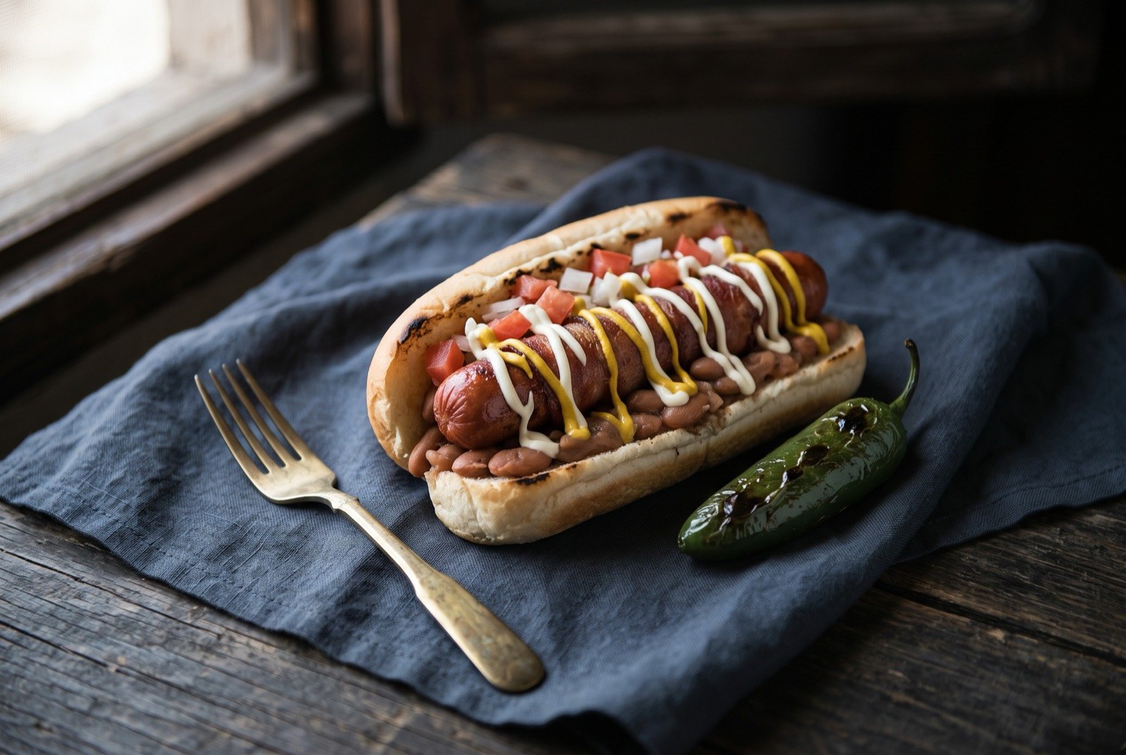 Sonoran hot dog, bacon wrapped with pinto beans and salsa in a bolillo roll: a bacon wrapped grilled hot dog in a soft split roll, a smear of warm pinto beans along the base, diced tomato and onion scattered over.