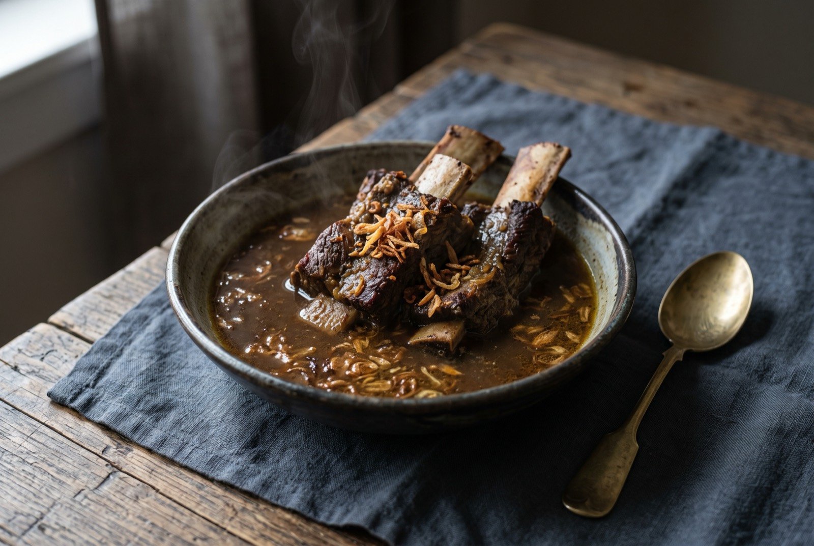Sop konro, beef short ribs simmered in a spiced dark broth: a shallow bowl of dark brown broth with two or three meaty beef short ribs standing proud of the liquid, a scatter of crisp fried shallots across the surface.