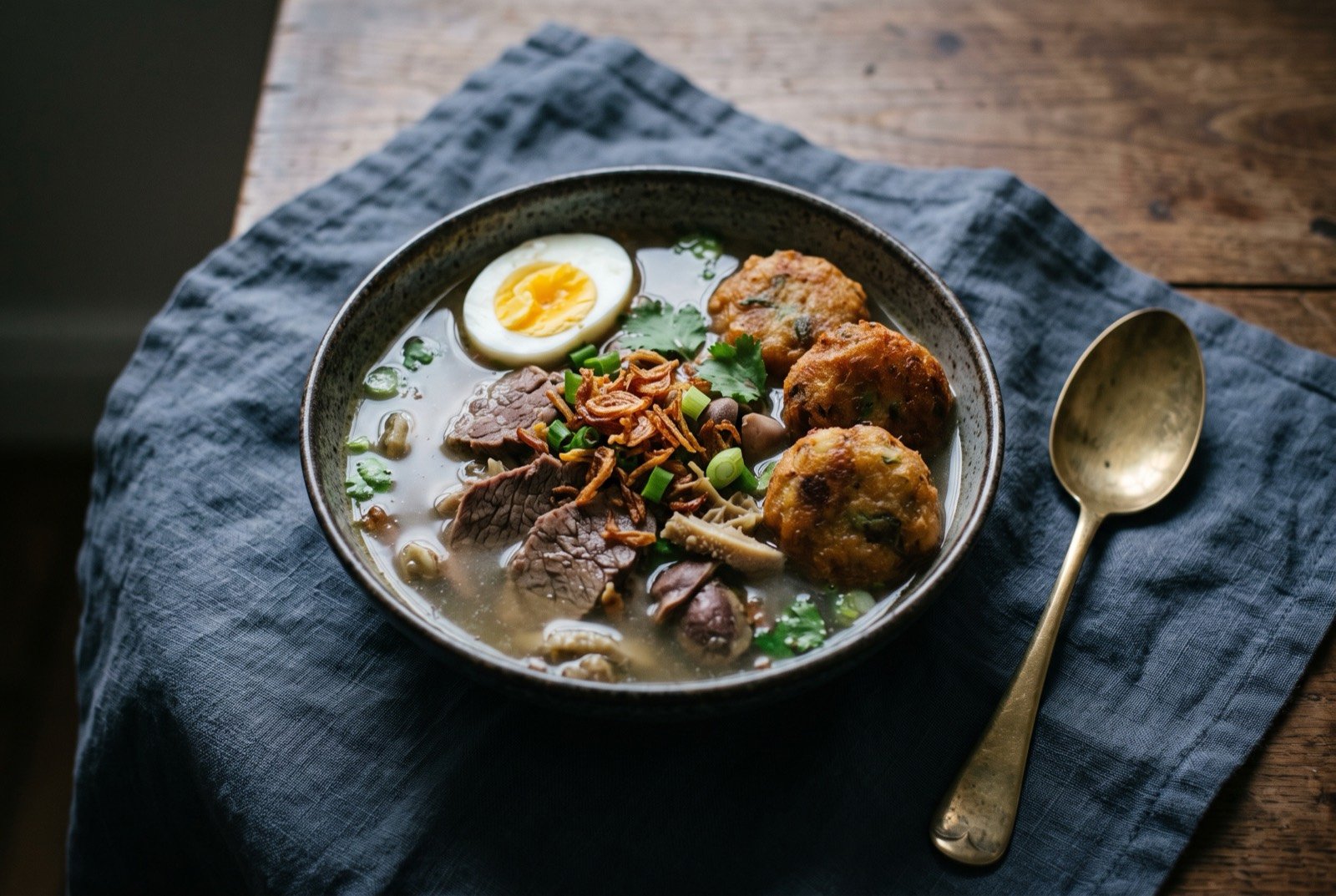 Sop saudara, a lighter beef and offal soup served with boiled egg and fried beef patties: a bowl of clear to lightly cloudy pale brown broth with sliced beef and offal, half a boiled egg and a few slices of golden fried beef and potato perkedel resting on top.