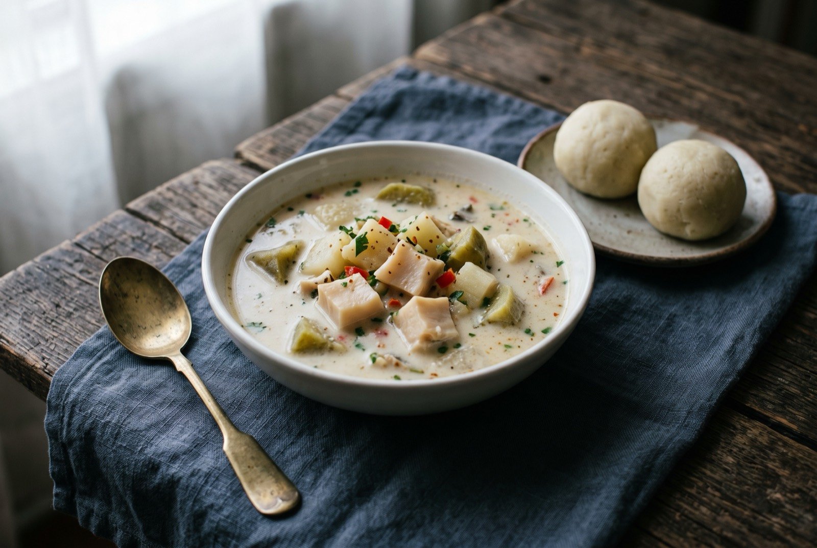 Sopa de caracol, a white conch soup: a shallow white bowl of pale, undyed coconut broth with visible squares of conch meat, served beside two smooth pale plantain mash balls set on a small separate side plate rather than in the bowl.