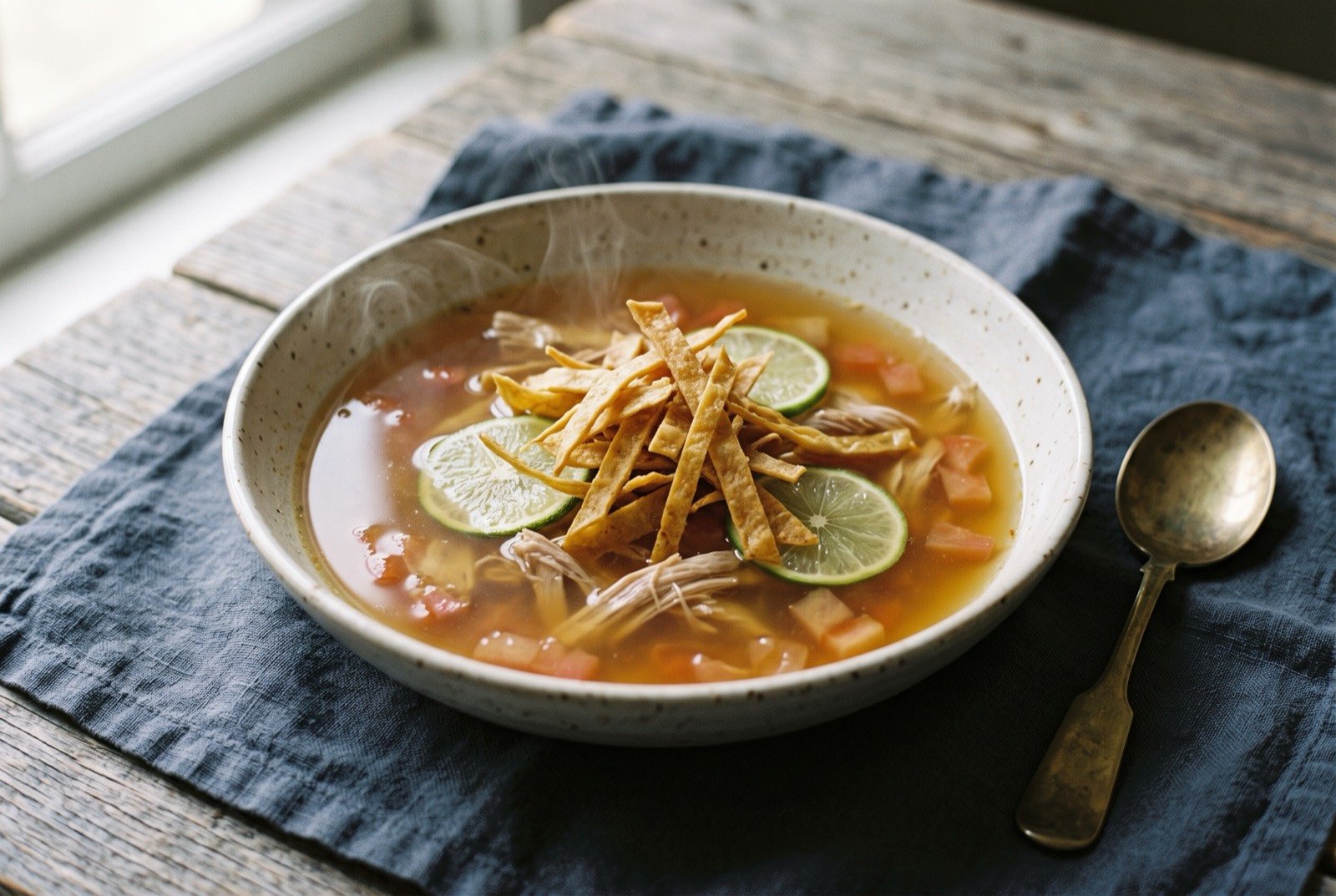 Sopa de lima, turkey broth with lime and crisp tortilla strips: a clear amber broth in a wide shallow bowl, thin lime slices floating at the surface among pale shredded turkey and diced tomato.