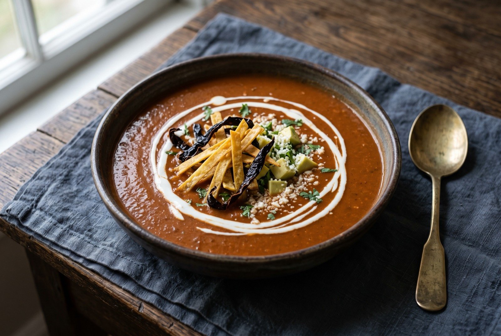 Sopa tarasca, a bean and tomato soup with crisp tortilla and pasilla strips: a wide shallow bowl of smooth, deep terracotta coloured soup, a neat swirl of white cream across the surface, crisp golden tortilla strips and dark curled pasilla chile strips piled in the centre.