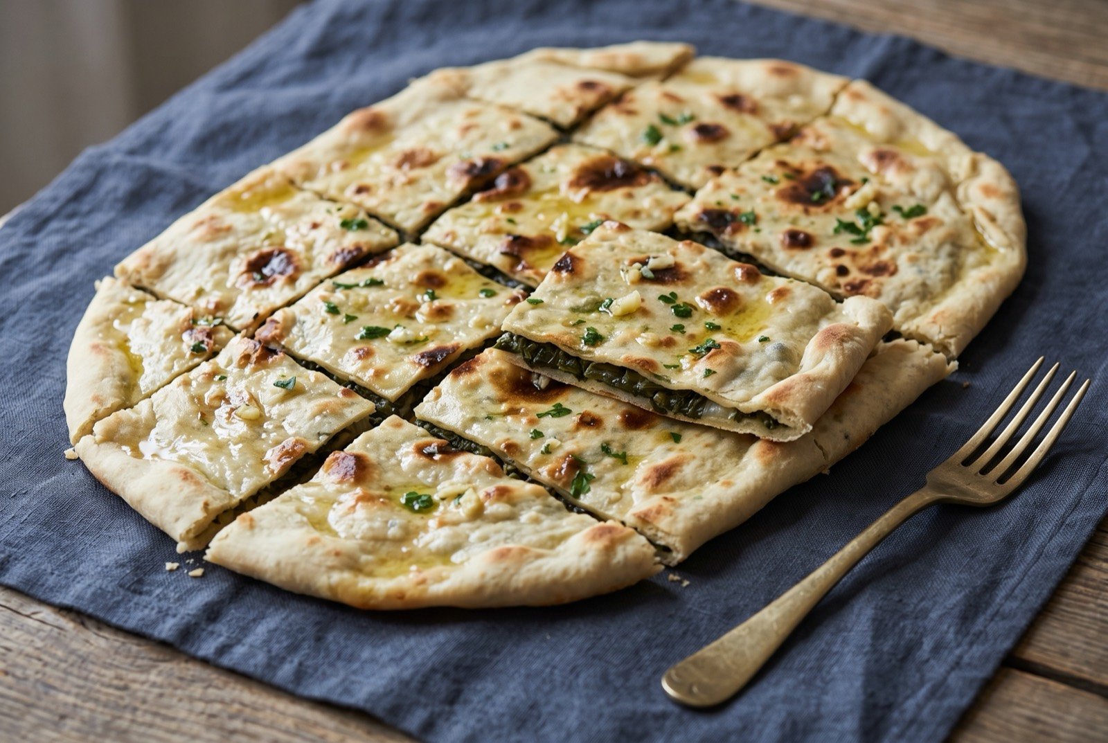 Soparnik, a thin unleavened chard and onion pie: a large, flat, rustic pie with a pale golden, blistered and lightly charred crust in patches, cut into rough rectangles.