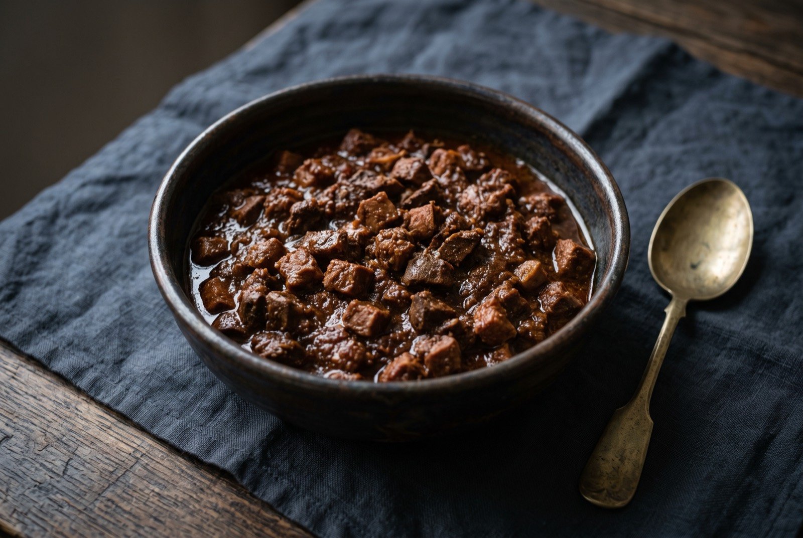Sorpotel, offal and pork slow stewed dark and dense: small, evenly diced pieces of pork and liver bound in a thick, dark brownish-red, glossy sauce, no visible pooling liquid beneath.