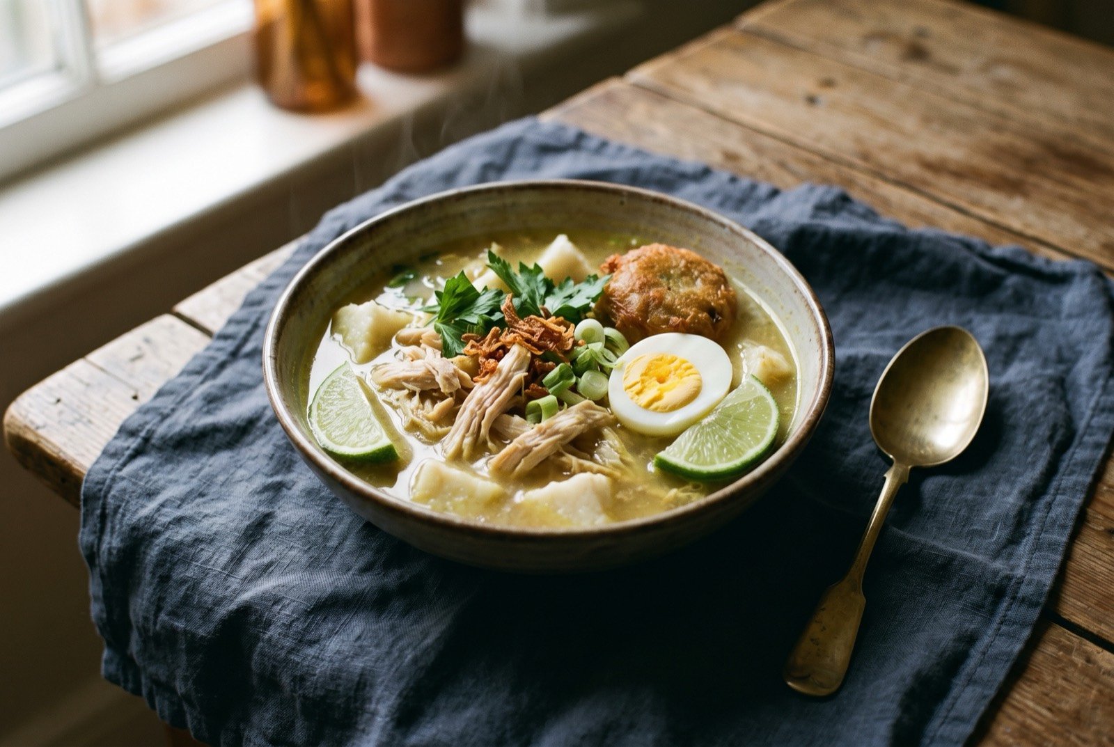 Soto Banjar, turmeric chicken soup: a bowl of cloudy pale golden broth with shredded chicken, a compressed rice cake cut into cubes, a halved boiled egg and a potato fritter arranged on top.