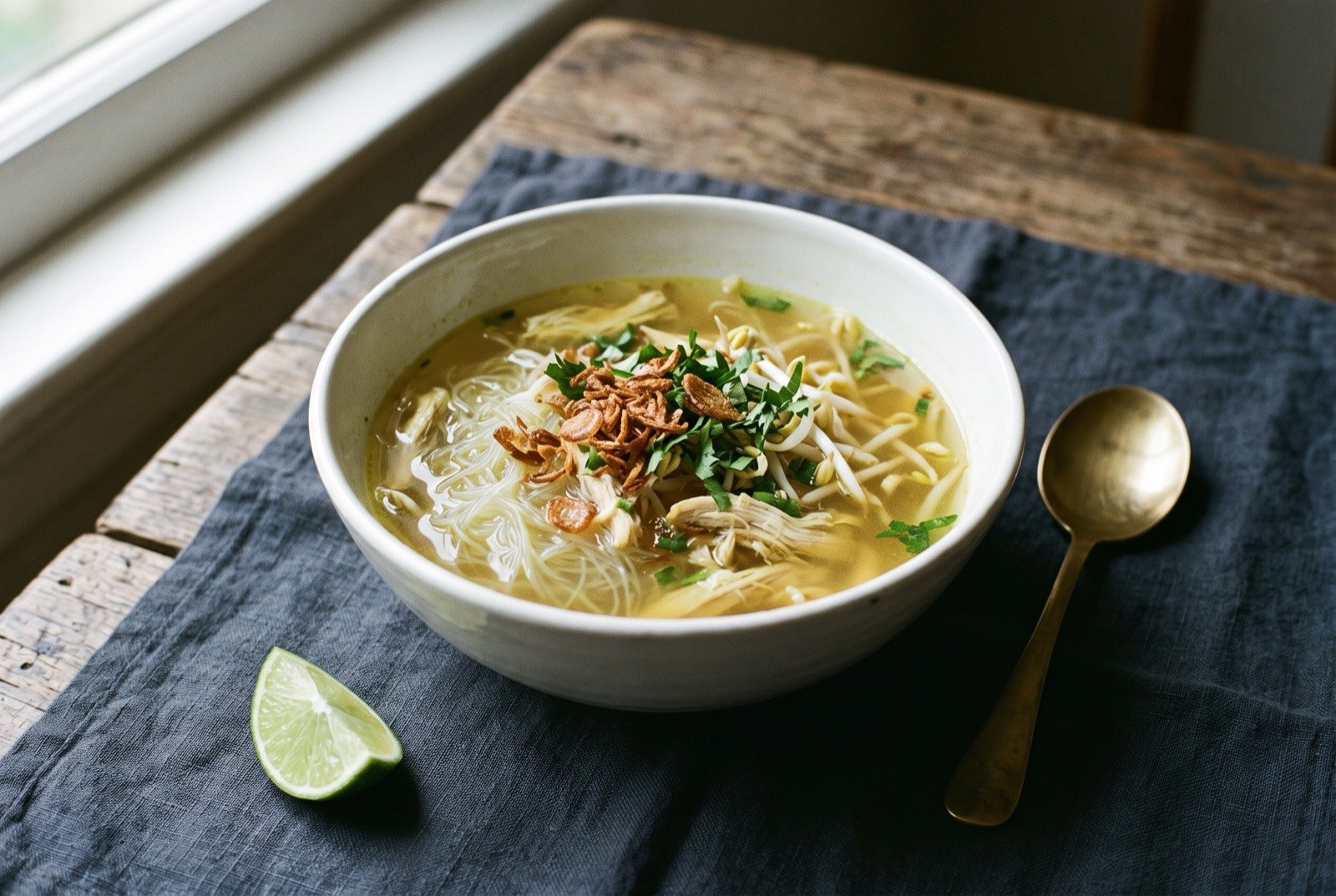 Soto Solo, a clear turmeric-tinted chicken broth with glass noodles, bean sprouts and shredded chicken: a deep white bowl of pale golden clear broth, thin glass noodles and shredded pale chicken visible beneath the surface, blanched bean sprouts and shredded cabbage at the edge.