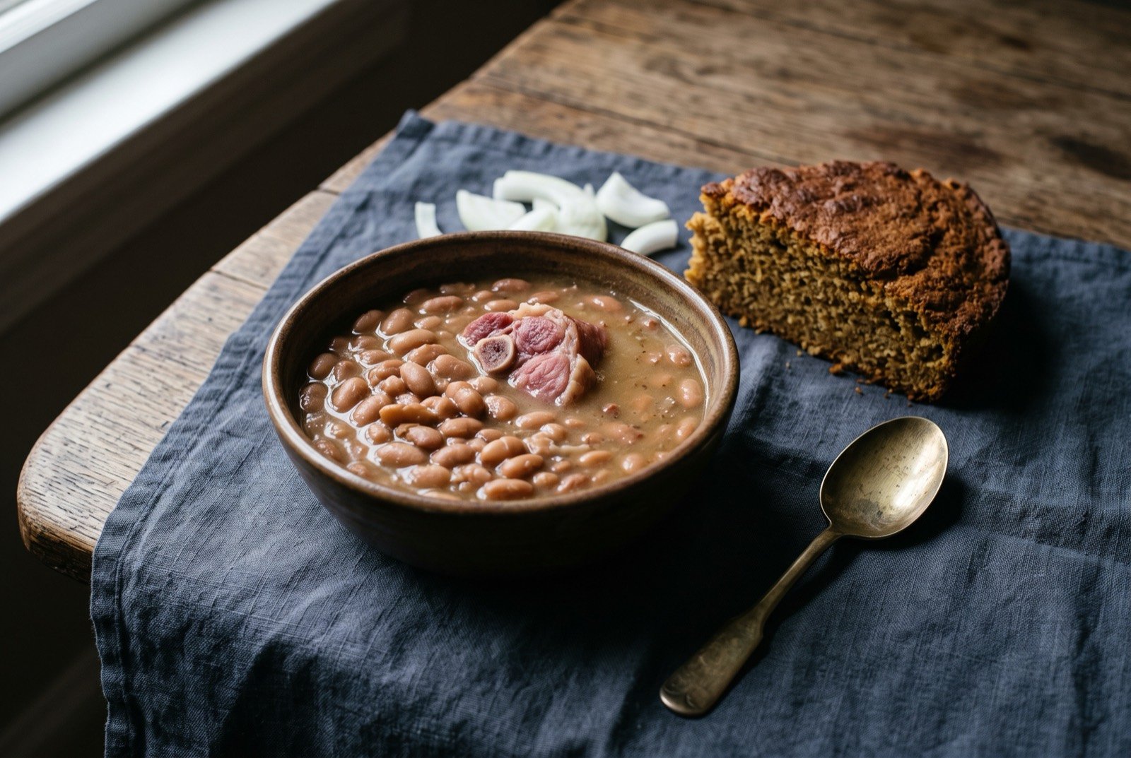 Soup beans and cornbread, pinto beans simmered with a ham hock: a deep earthenware bowl of pale brown pinto beans in their own thickened potlikker, a small piece of pink ham hock meat visible at the surface.