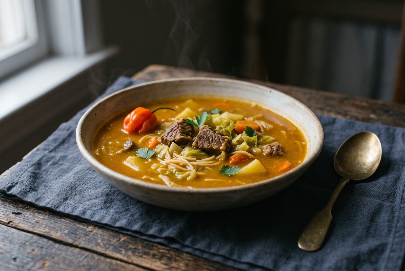 Soup joumou, Haiti's Independence Day pumpkin soup: a wide shallow bowl of deep orange gold pumpkin soup, chunks of tender beef, cabbage and carrot breaking the surface among short lengths of vermicelli.