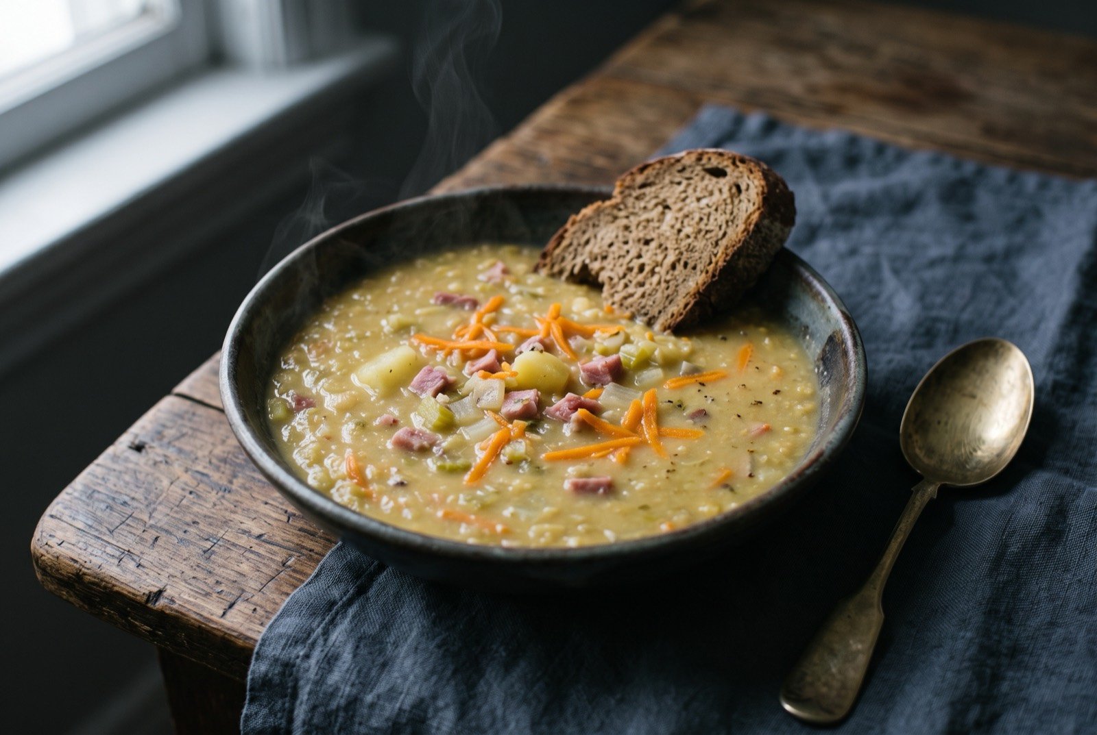 Soupe aux pois, a habitant and voyageur split pea soup: a rustic bowl of thick, pale yellow green split pea soup, small pieces of ham visible suspended in it, a few grated orange carrot shreds scattered across the surface.