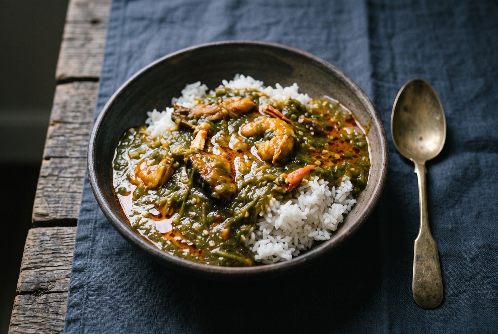 Soupe kandia, Guinean okra soup: a thick, ropey dark green okra soup with pieces of fish and shellfish suspended in it, an orange sheen of palm oil across the surface.