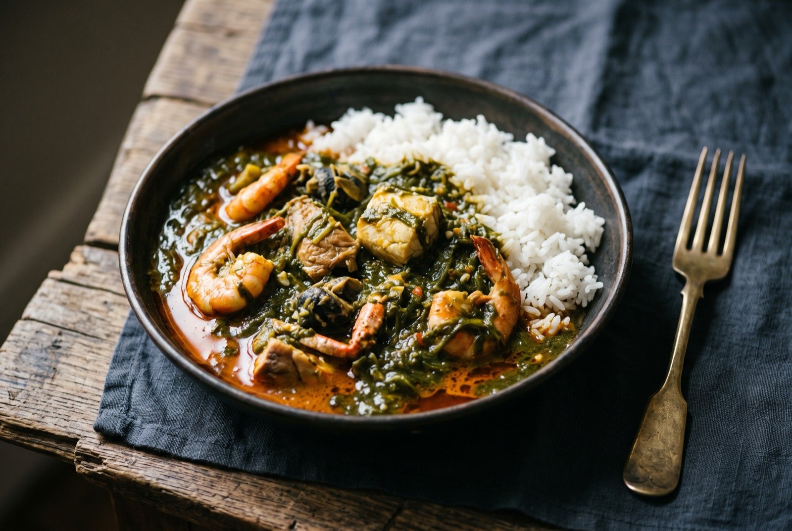 Soupou kandja, okra and palm oil stew: a thick, ropey dark green stew with visible strands of mucilage, chunks of fish and shellfish suspended in it, a deep orange sheen of palm oil pooling at the edges.