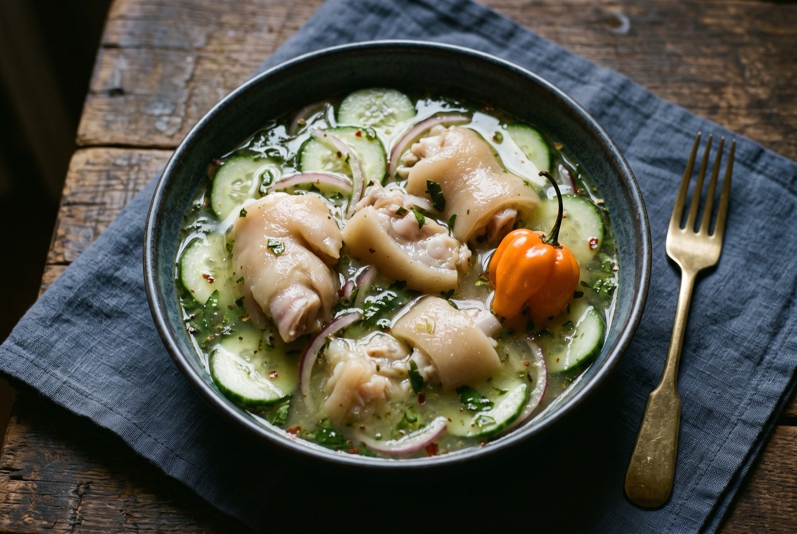 Souse, pickled pig trotter in lime and cucumber: chunks of pale, glistening pickled pig trotter in a cloudy lime coloured brine, thin sliced cucumber and onion floating throughout.
