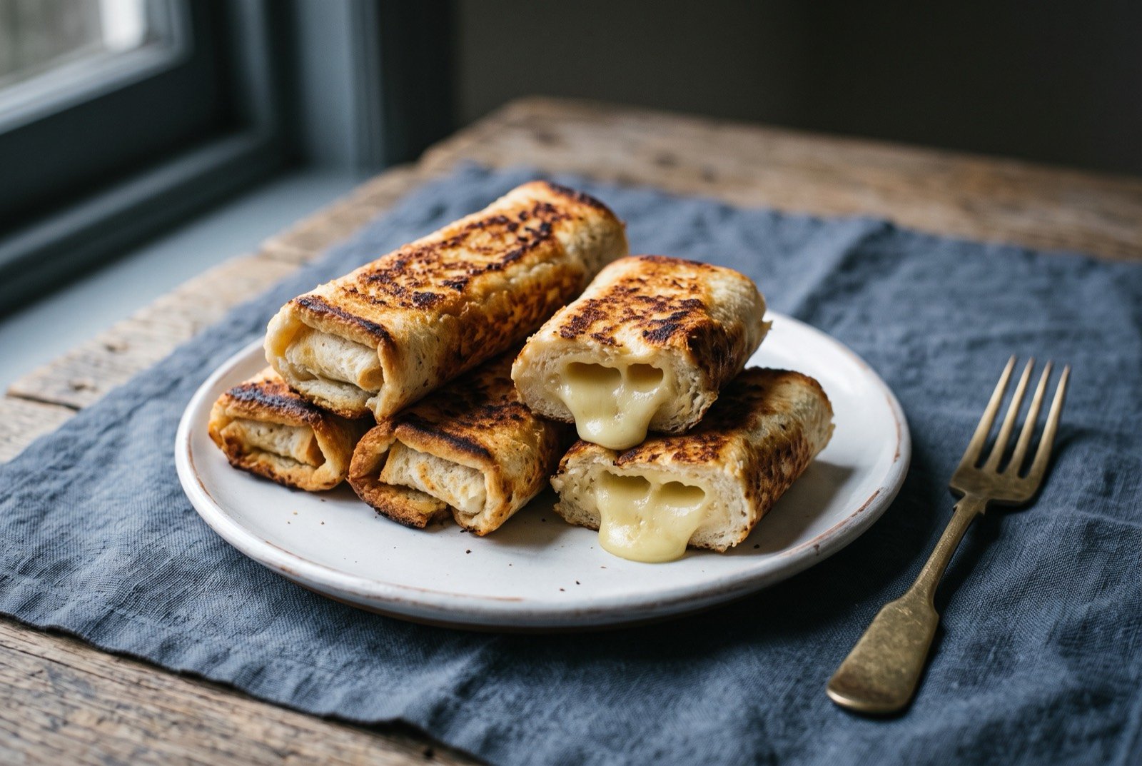 Southland cheese roll, grilled bread rolled around a savoury cheese filling: several golden brown grilled bread rolls stacked on a plain white plate, one cut in half to reveal a molten pale cheese filling oozing from the centre.