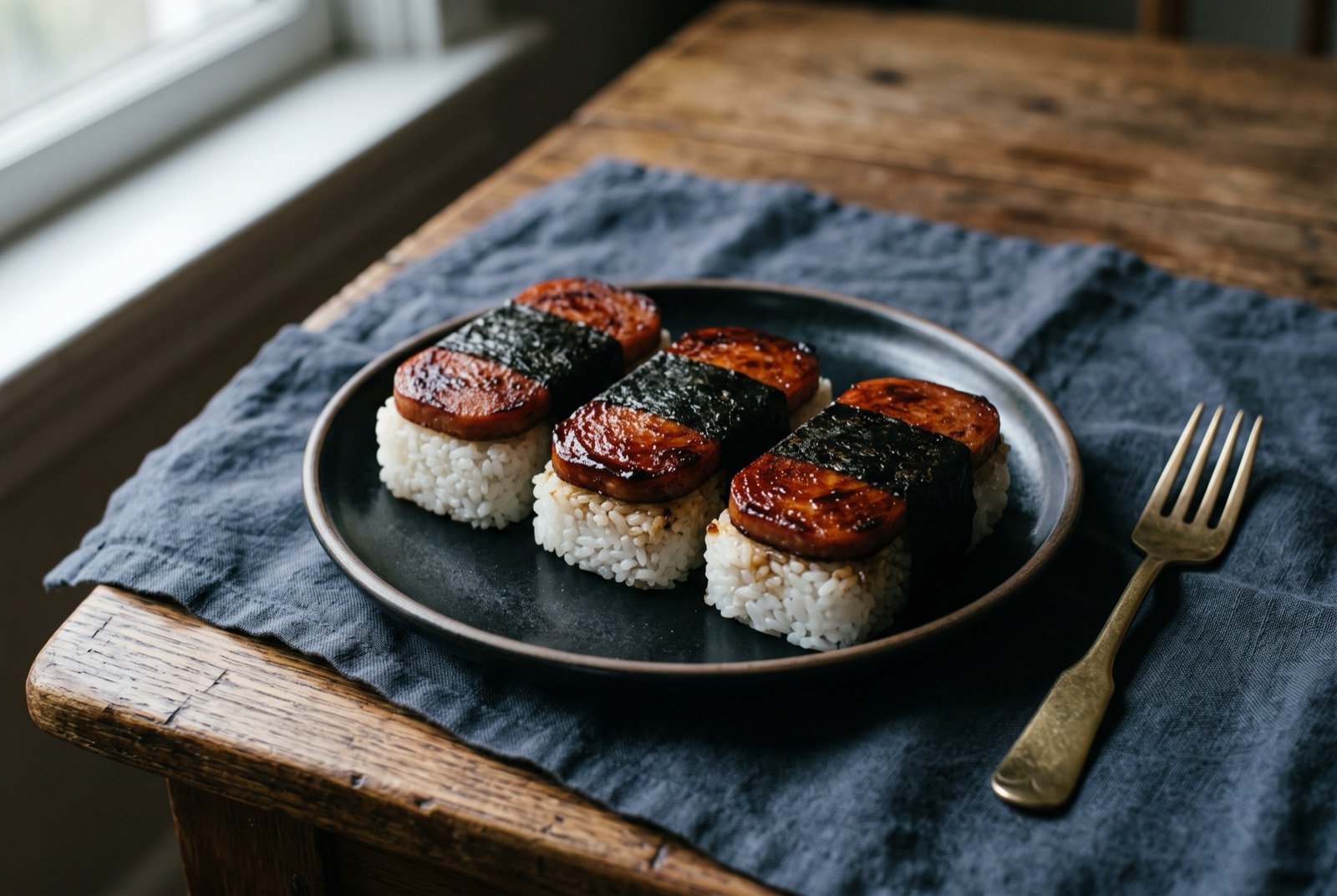 Spam musubi, grilled Spam and rice wrapped in nori: a neat rectangular block of white rice topped with a glazed dark brown slice of Spam, glossy from a sticky shoyu glaze, a black nori strip wrapped around the middle.