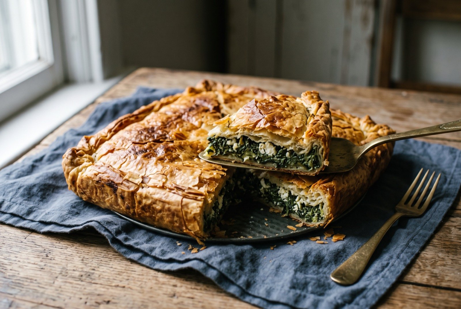 Spanakopita, hand-stretched filo pastry over a filling of spinach, feta and dill: a large golden brown pie with visibly shattered, paper thin flaky filo layers on top, one slice cut and lifted slightly to reveal a vivid green spinach and white feta filling beneath.