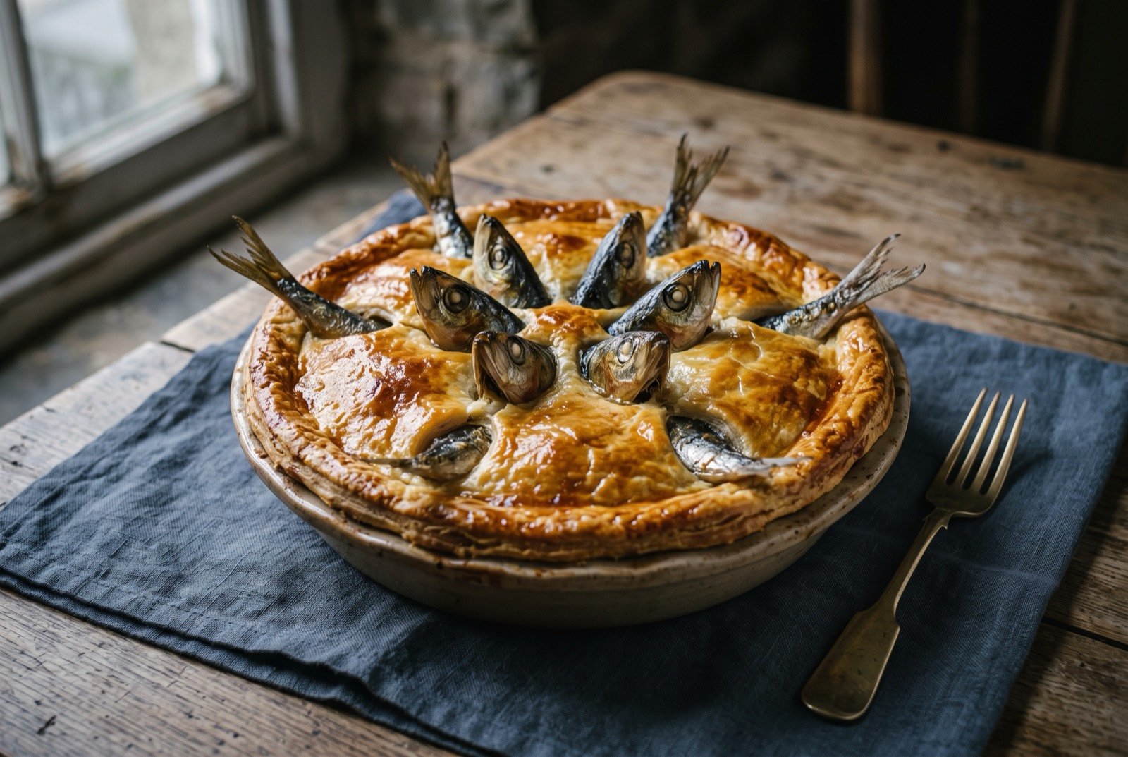 Stargazy pie, whole fish breaking through a pastry crust: a round golden baked pie with several small whole fish heads poking upward through holes in the pastry crust, arranged radiating outward from the centre.