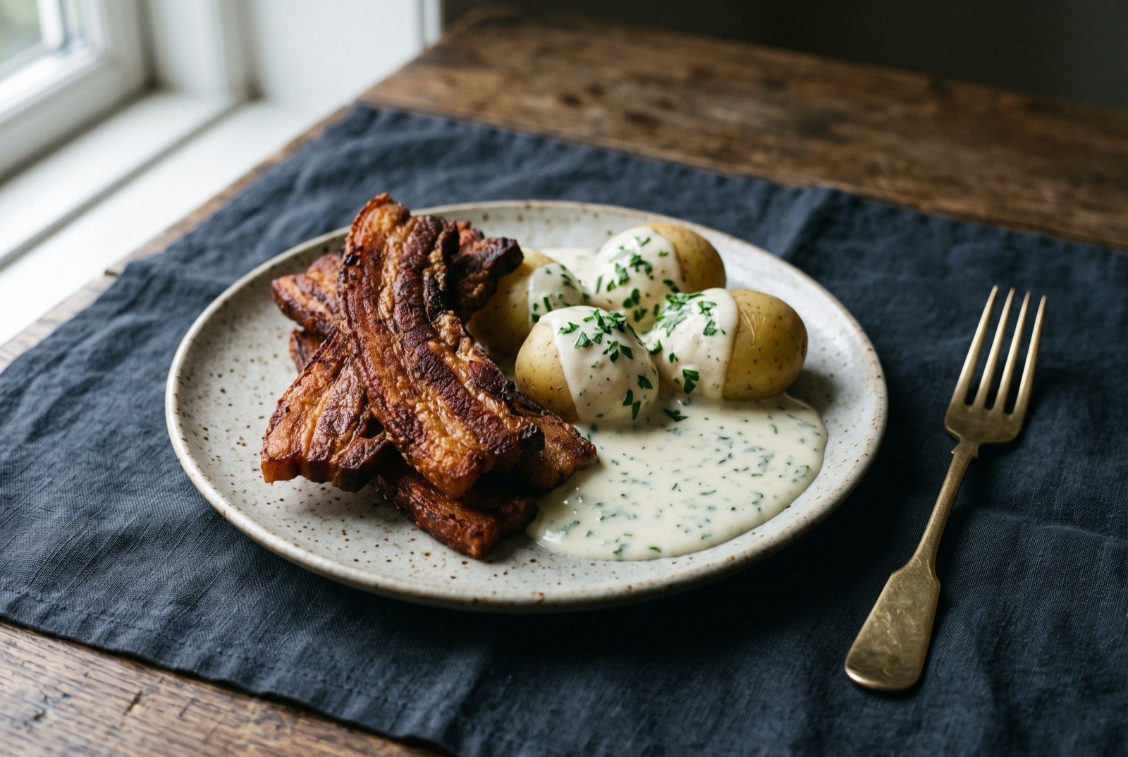 Stegt flæsk med persillesovs, fried pork belly with parsley sauce: crisp dark golden strips of fried pork belly stacked beside a pale creamy white sauce flecked with chopped parsley pooling alongside boiled potatoes.